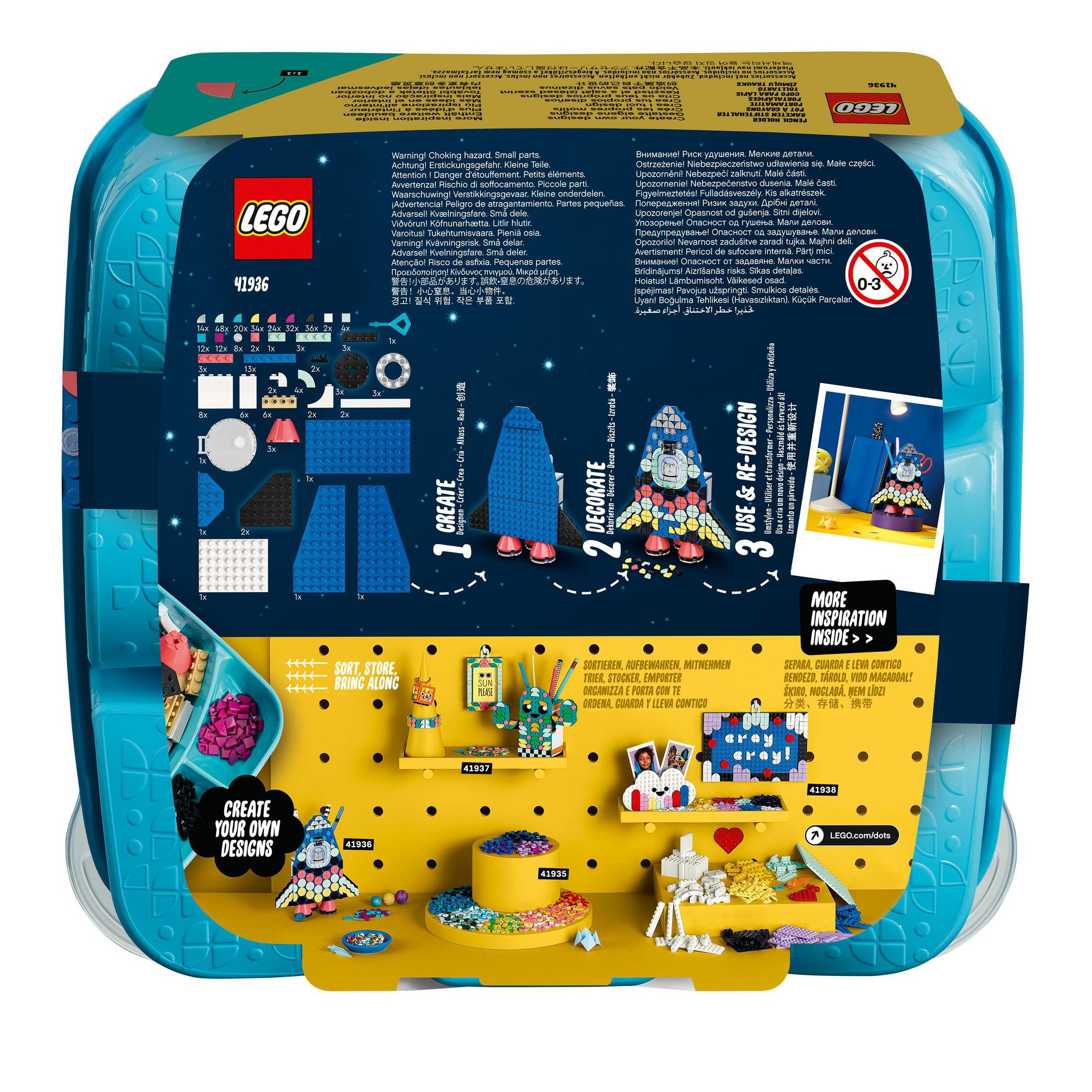 Lego-Box mit Anweisungen und einem Kinderdesign. Blaue Aufbewahrungsbox mit Lego-Teilen und Spielzeugdesigns.