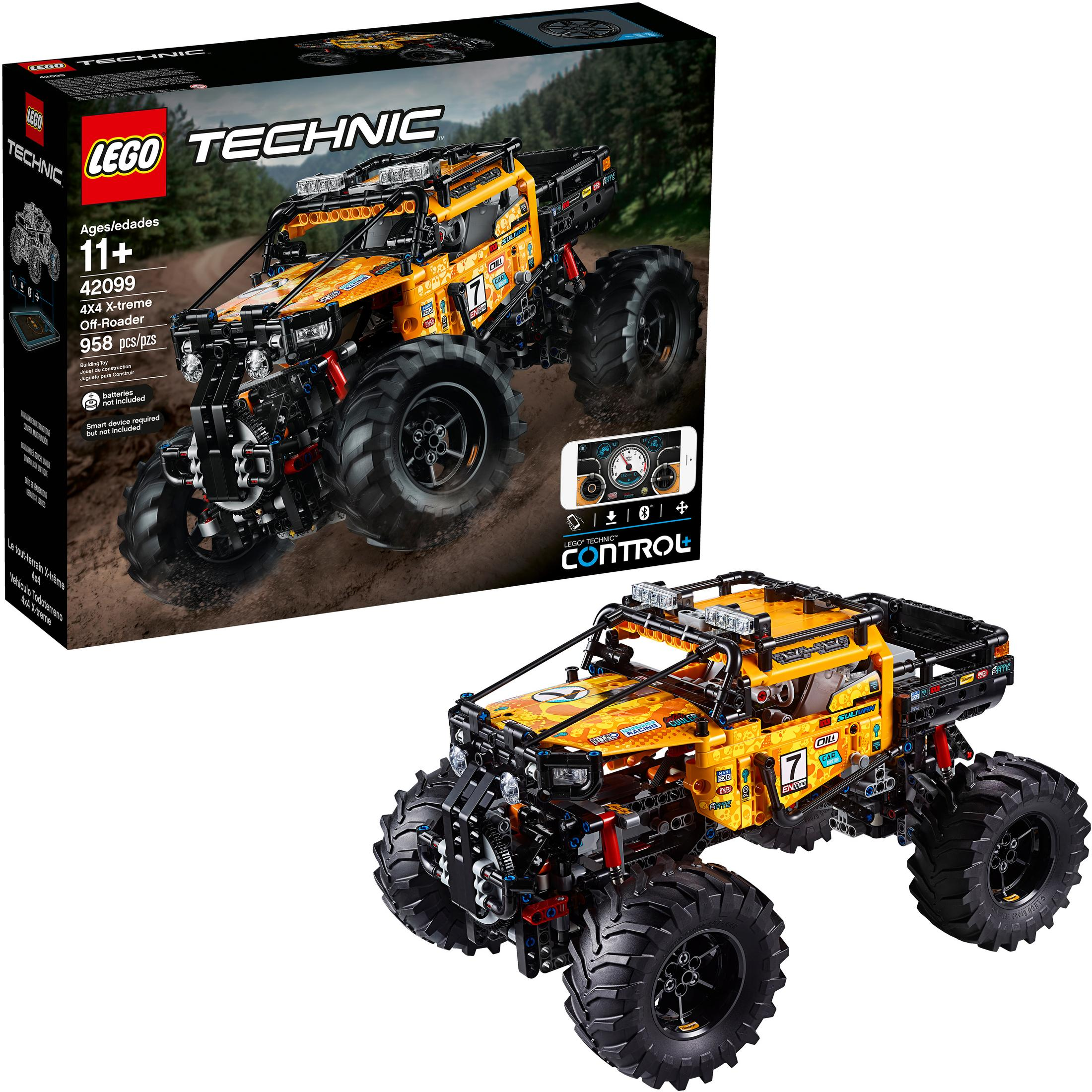 Zestaw Lego Technic Off-Roader. Prezentuje pomarańczowy model pojazdu terenowego z dużymi oponami i pudełkiem.