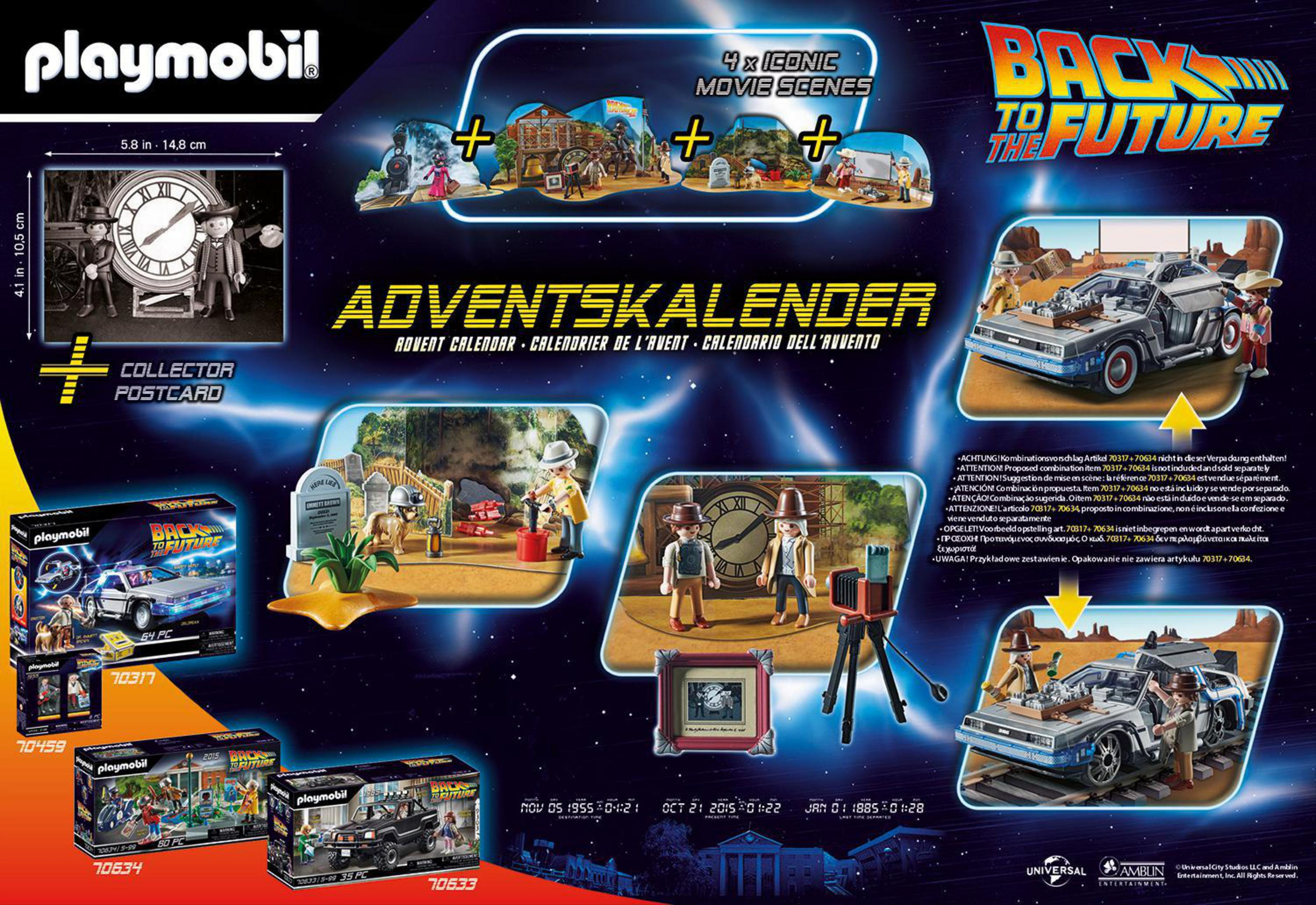 Playmobil Zurück in die Zukunft Adventskalender-Set mit Figuren und Fahrzeugen aus dem Film. Schwarzer Hintergrund.