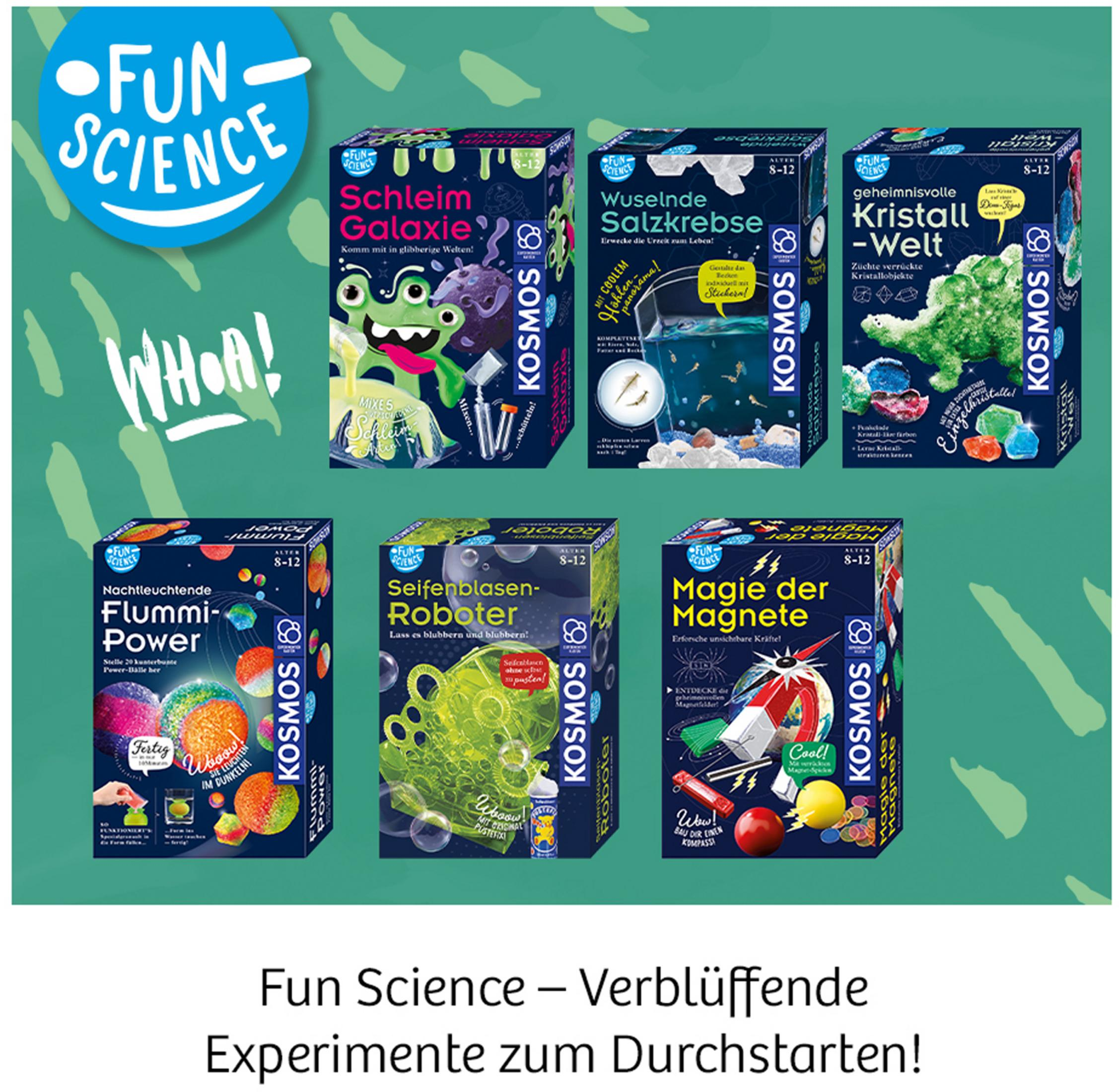 Box-Set mit Fun Science Experimentierkästen. Jede Box zeigt ein anderes Experiment.