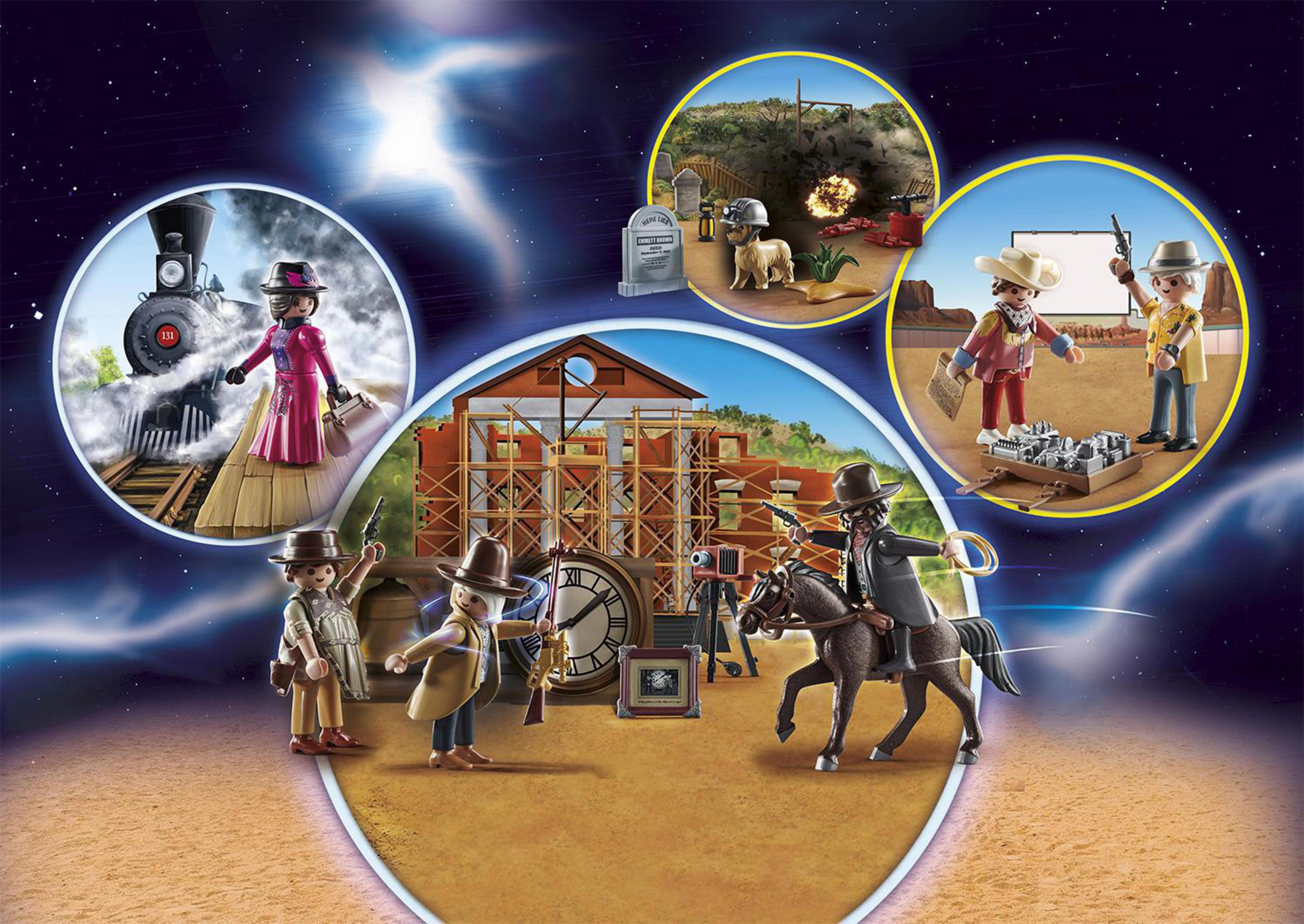 Playmobil-Set: Szenen mit Figuren, Zug und Wildwest-Stadt.