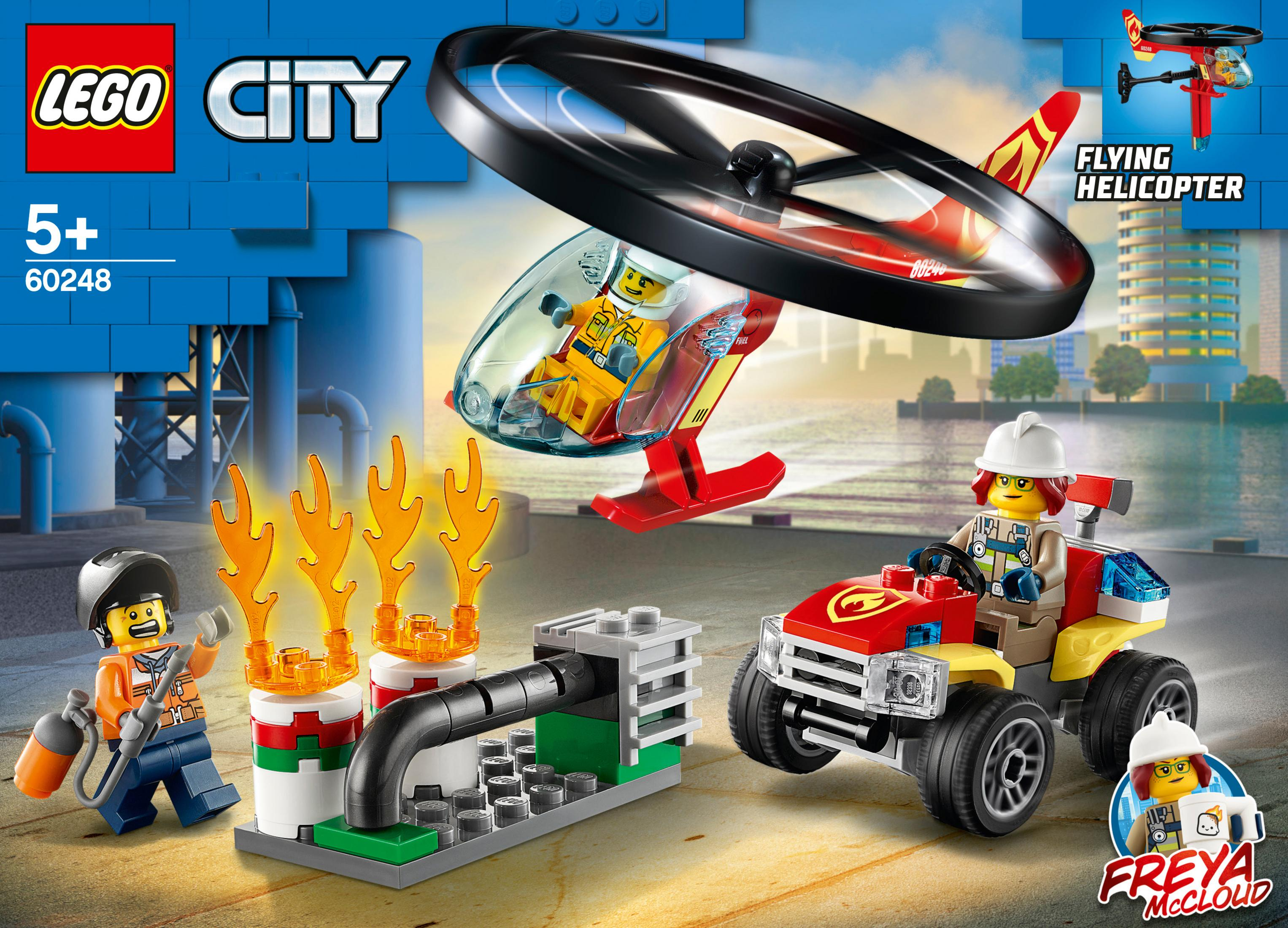 Lego City Set: Hubschrauber, Feuerwehrauto und Feuerwehrleute an einem Ort.