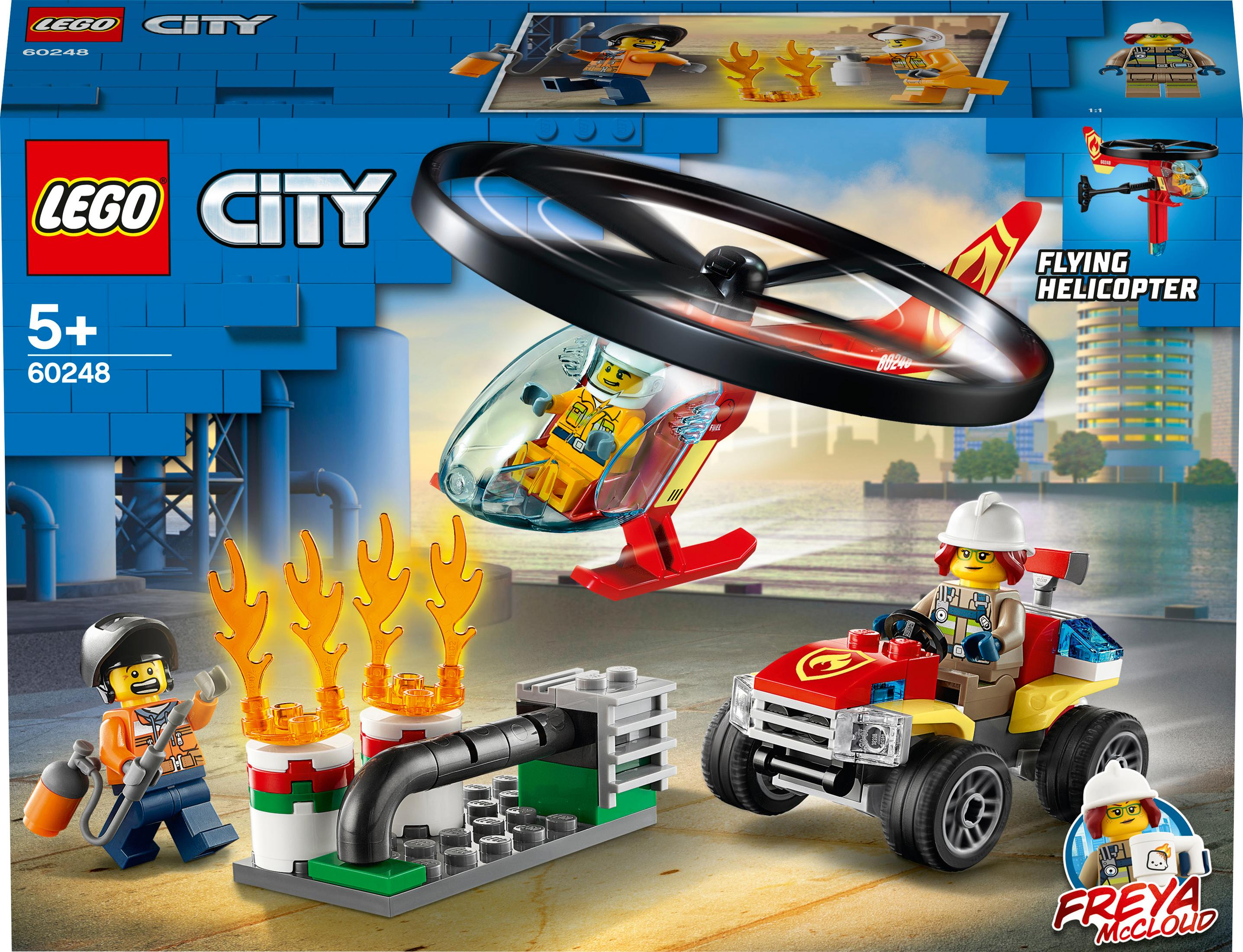 Lego City Set, ein Hubschrauber mit einem Feuerwehrmann und eine Feuerszene mit einem Truck und einem Feuerwehrmann.