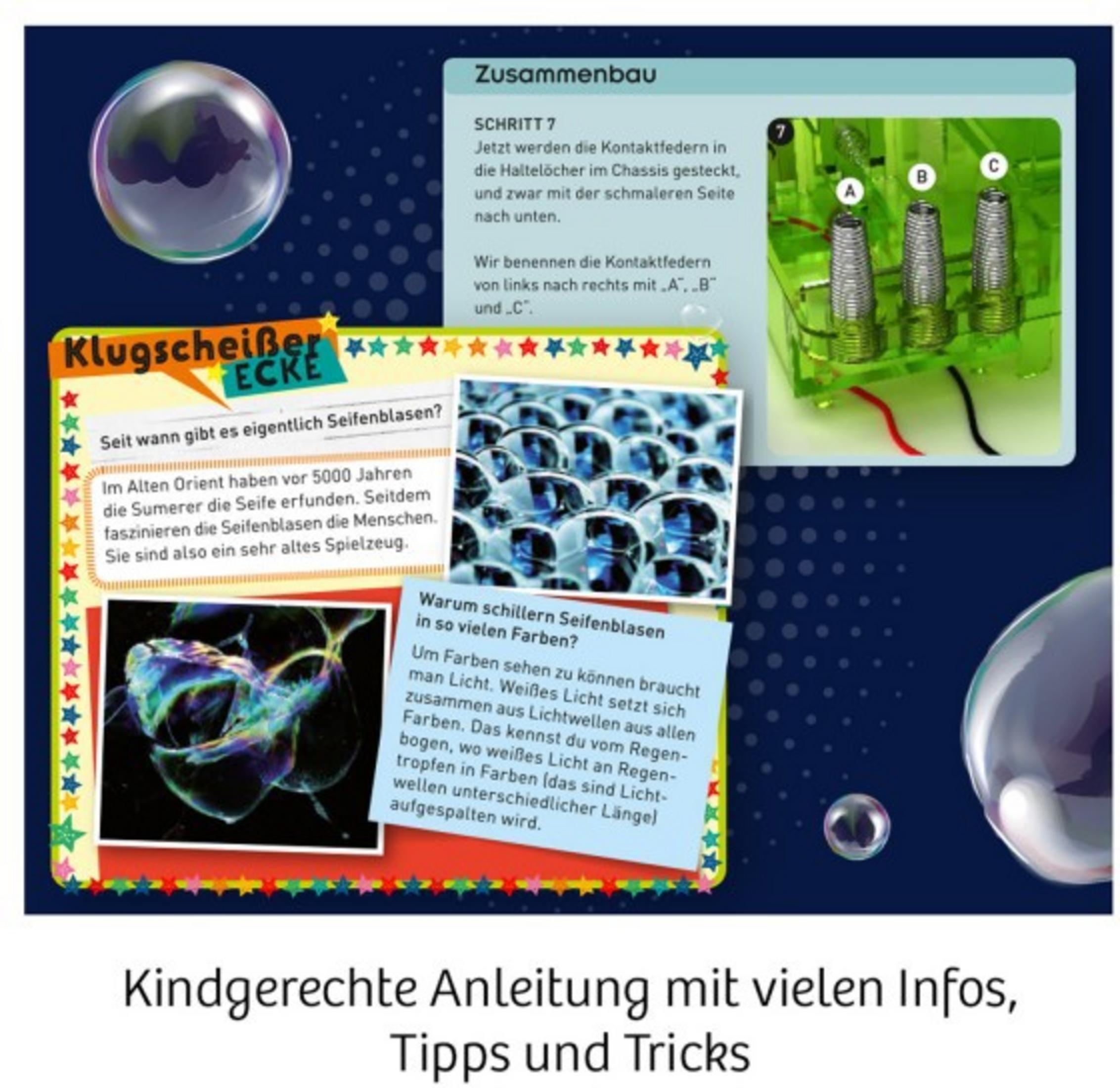 Lehrreiche Grafik über Seifenblasen. Enthält Text, Illustrationen und Bilder von Blasen.