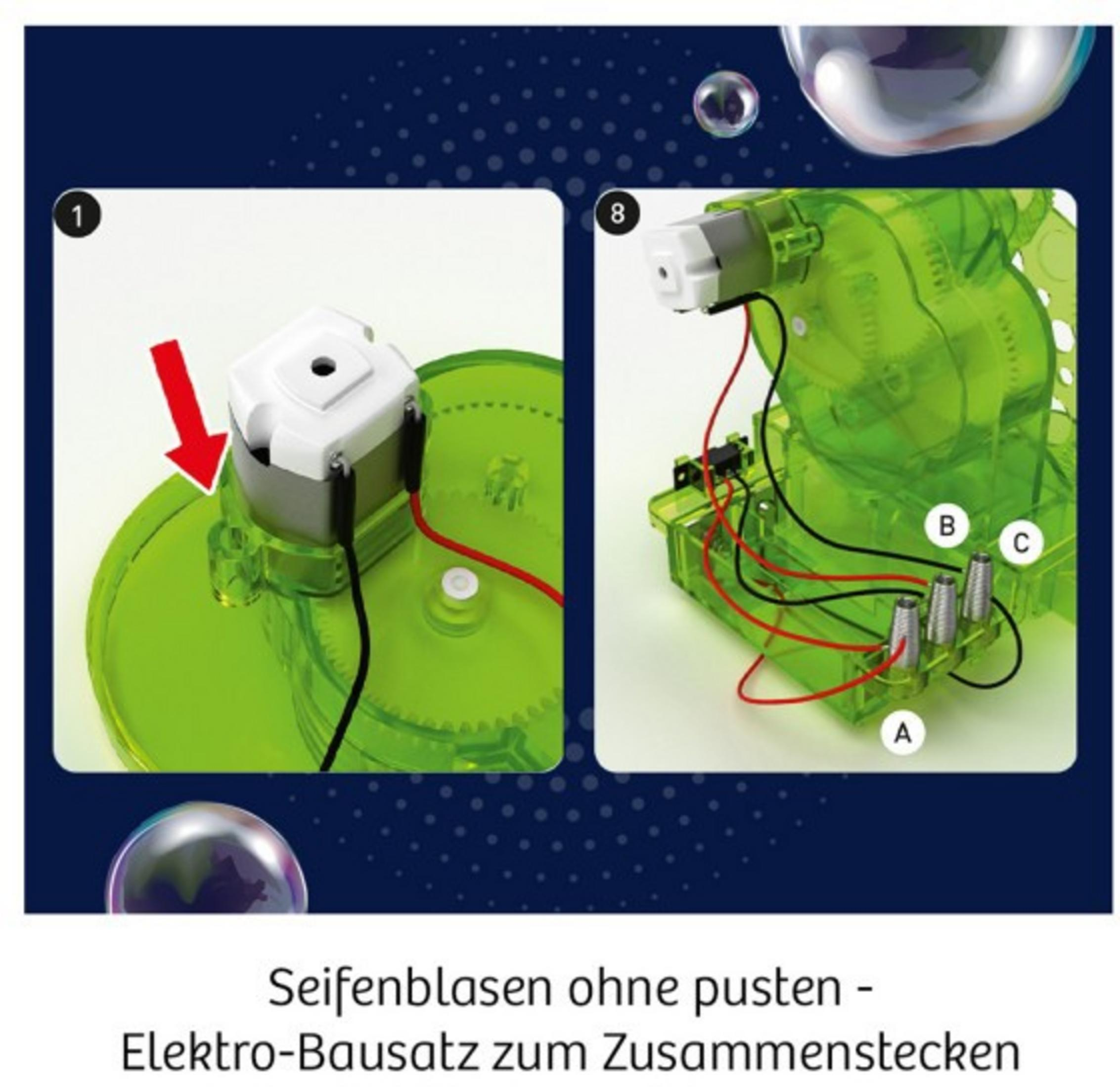 Diagramm zur Montage einer Seifenblasenmaschine mit weißem Motor und grünem Sockel.