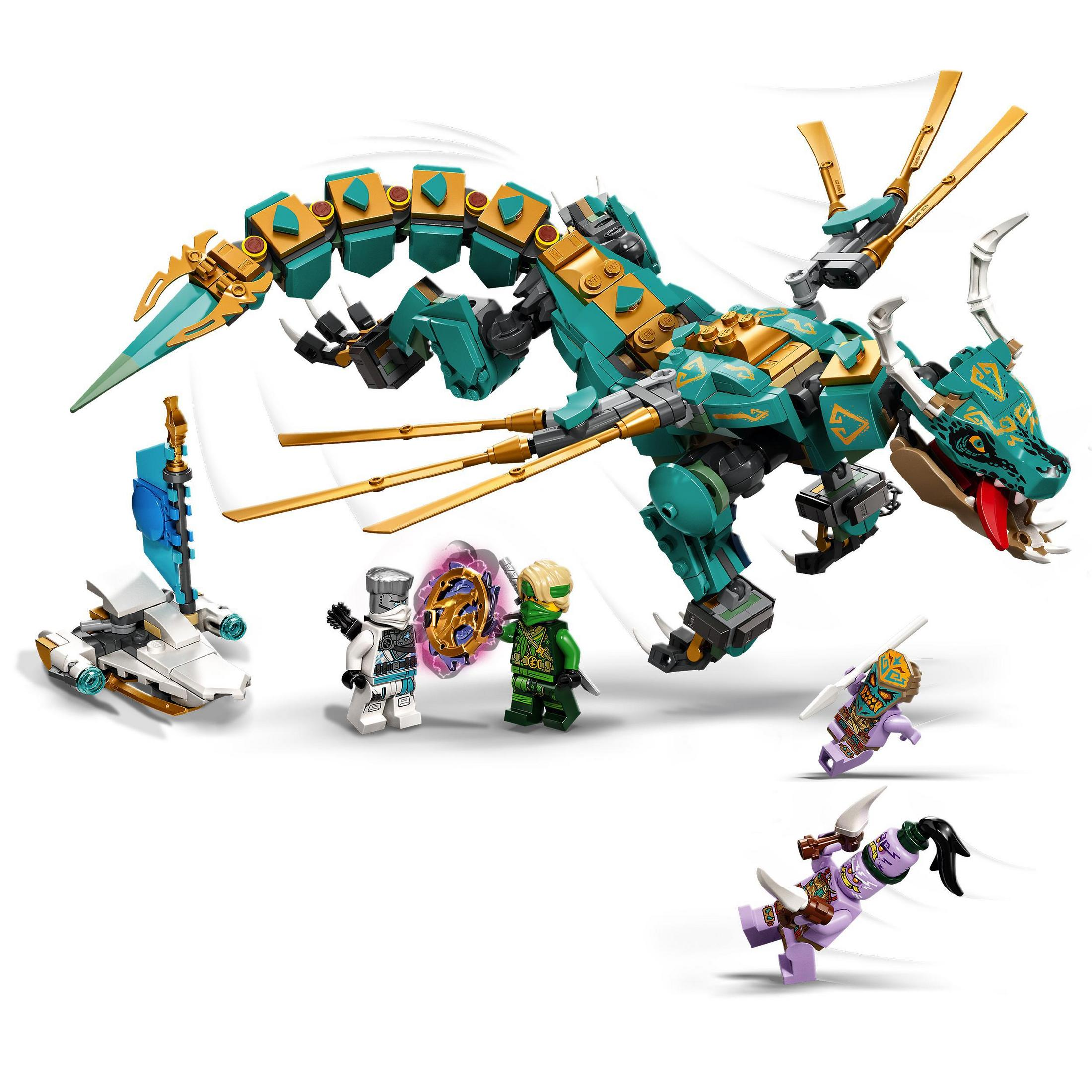 Ninja figürleriyle savaşan bir ejderhanın olduğu Lego Ninjago seti. Beyaz zemin. Ejderha turkuaz ve altın rengi.