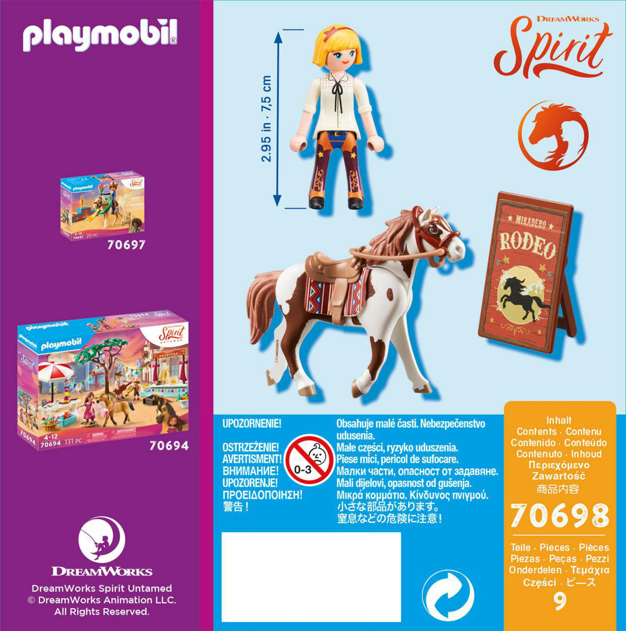 Playmobil-Set mit Pferd, Figur und Rodeo-Szene. Text in mehreren Sprachen.