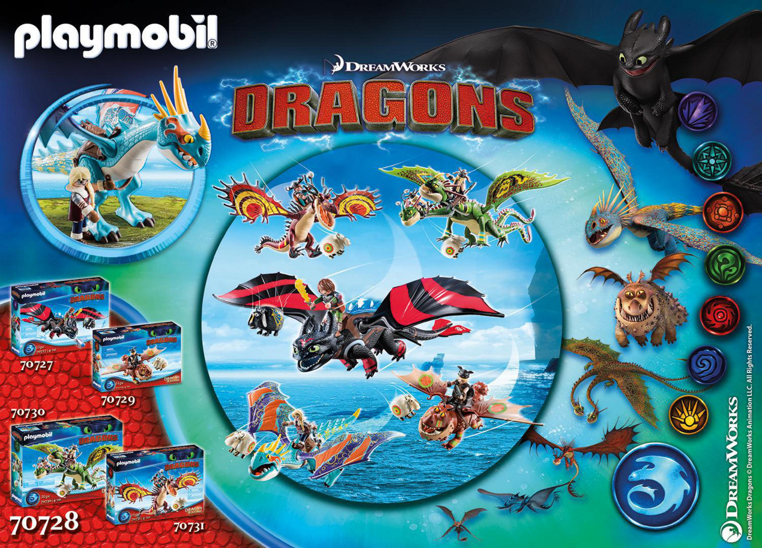 Playmobil Dragons Set mit verschiedenen Drachenfiguren und Box-Sets, mit dem DreamWorks Logo.