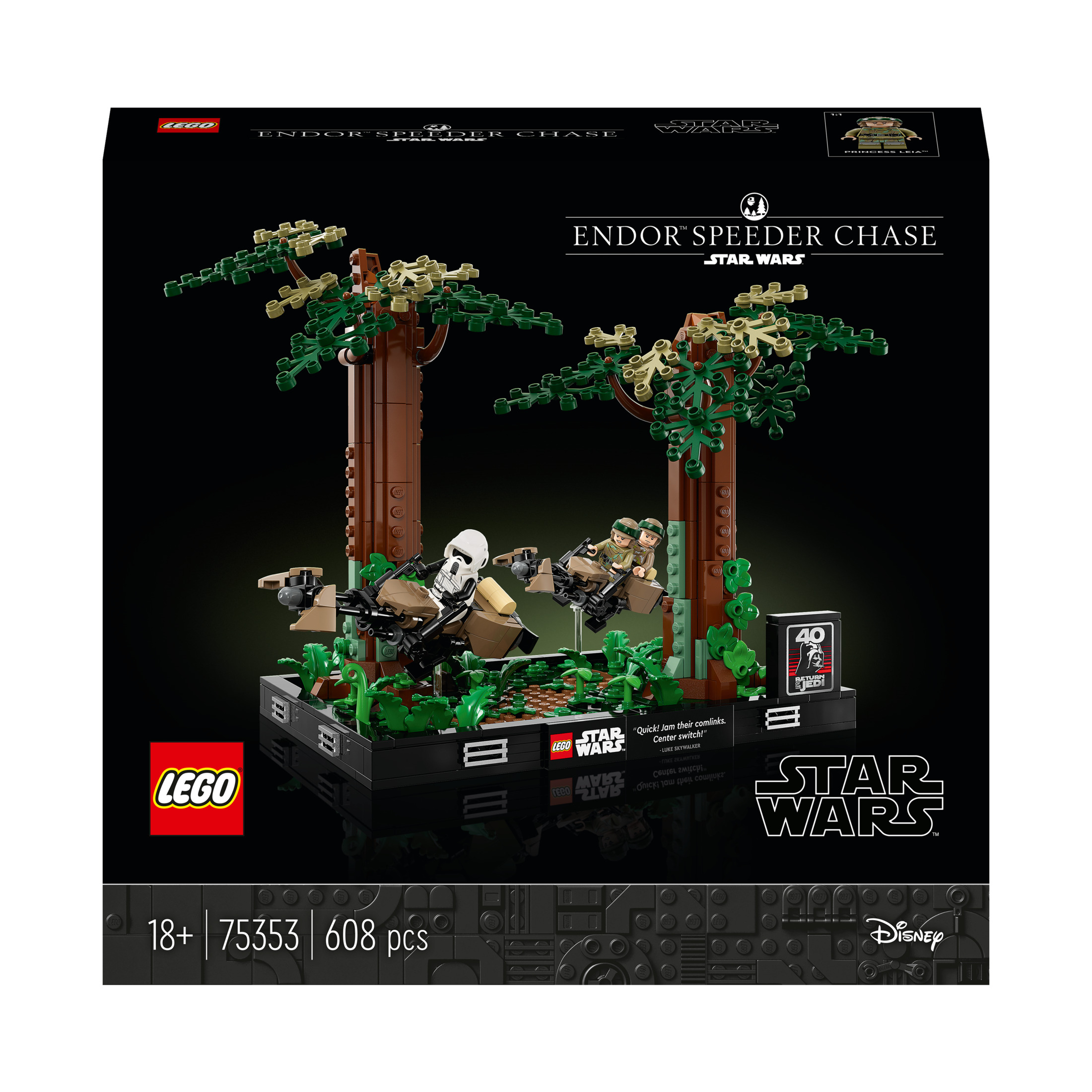 Zestaw Lego Star Wars: Endor Speeder Chase, z minifigurkami i opakowaniem sceny leśnej Endor.