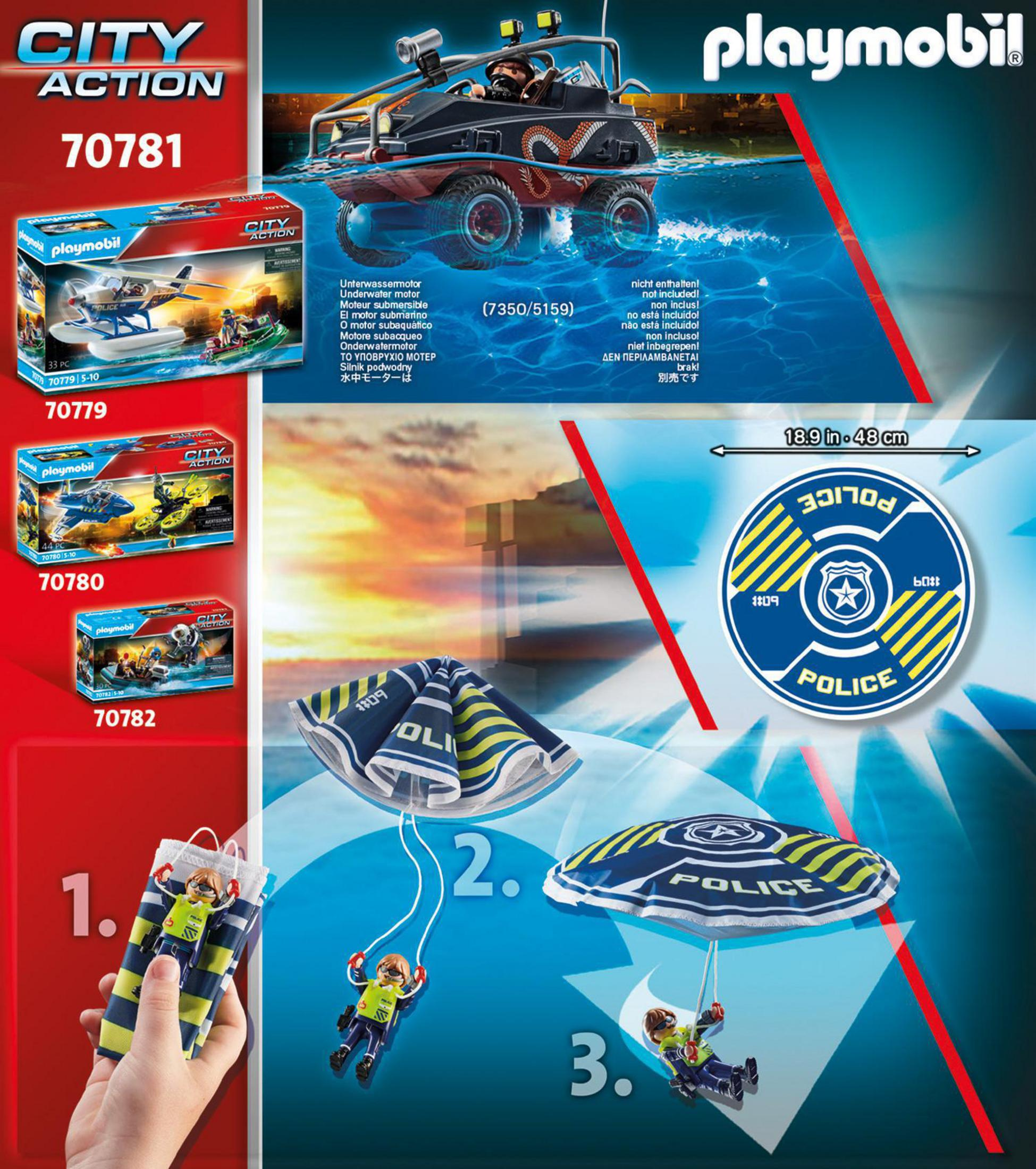 Set Playmobil City Action con veicolo della polizia, elicottero e paracadute. Contiene testo e personaggi.