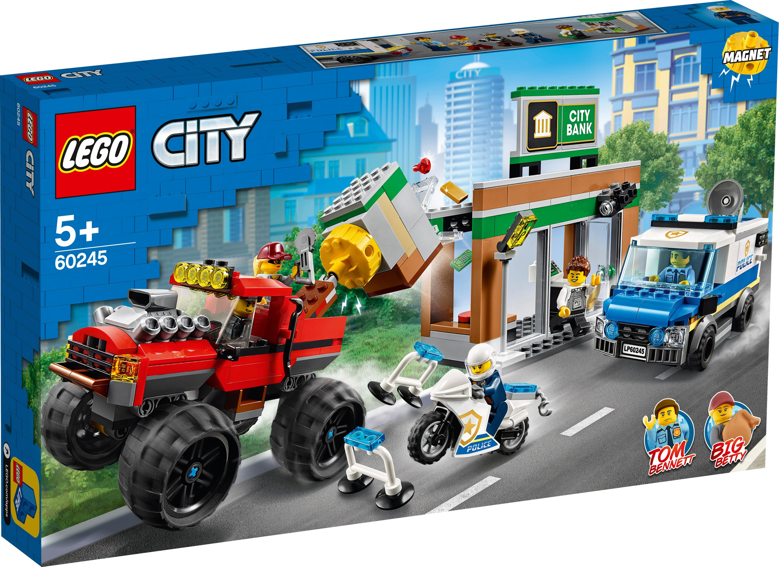 LEGO City Set mit einer Bankraub-Szene mit Polizei und Fahrzeugen.