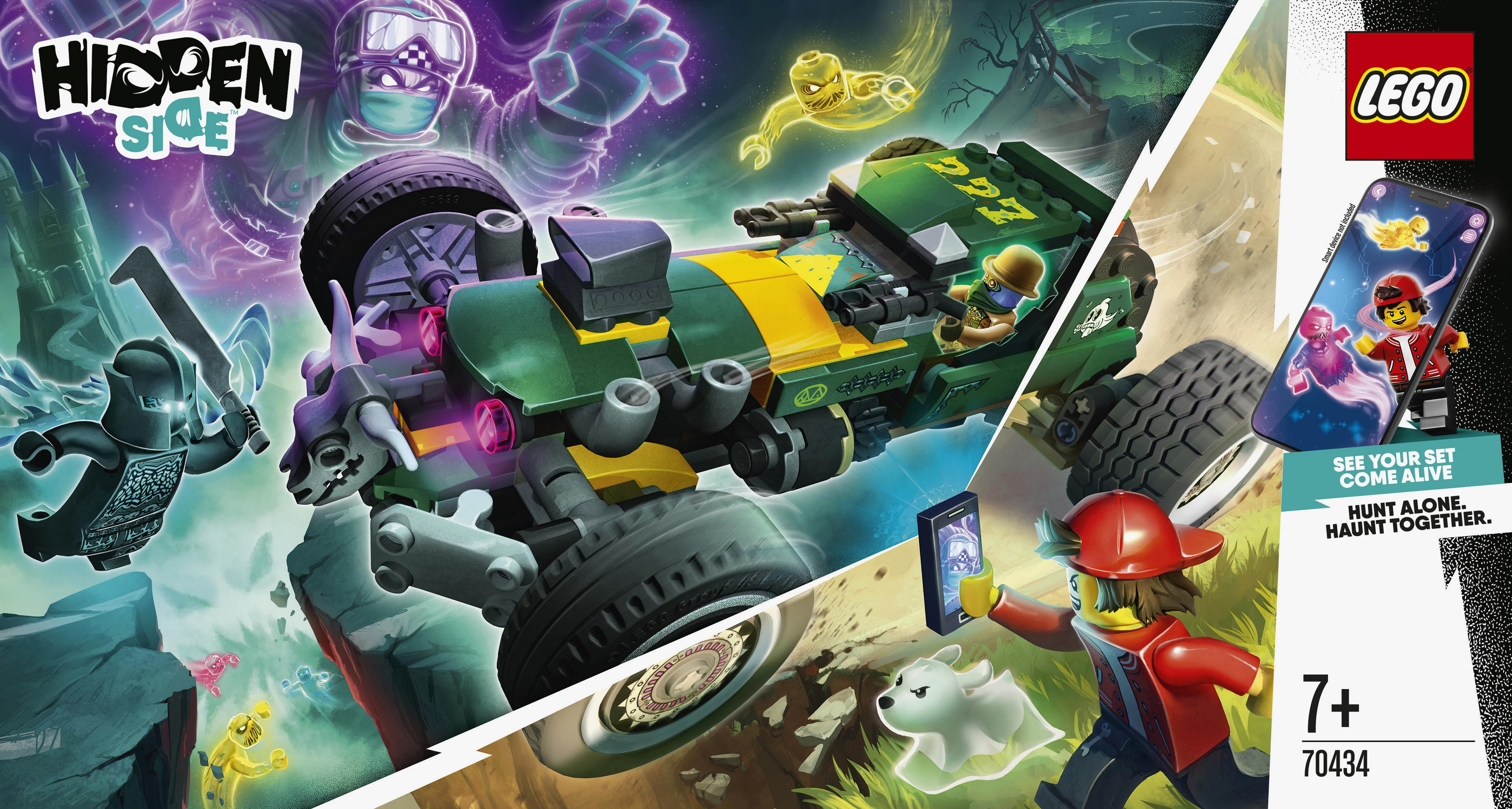 Lego Hidden Side Setbox. Enthält ein grünes Auto, Geister und Charaktere, die Telefone benutzen.