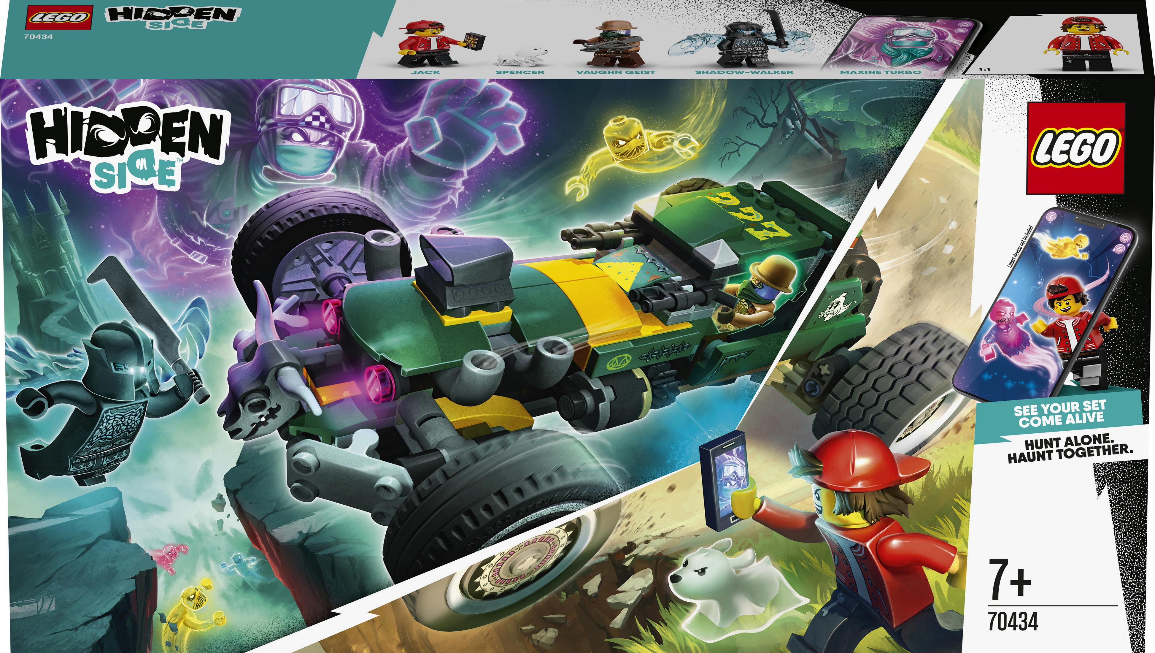LEGO Hidden Side Set. Grünes Auto mit Minifiguren. Ein Telefon zeigt die AR-Funktionen des Sets.