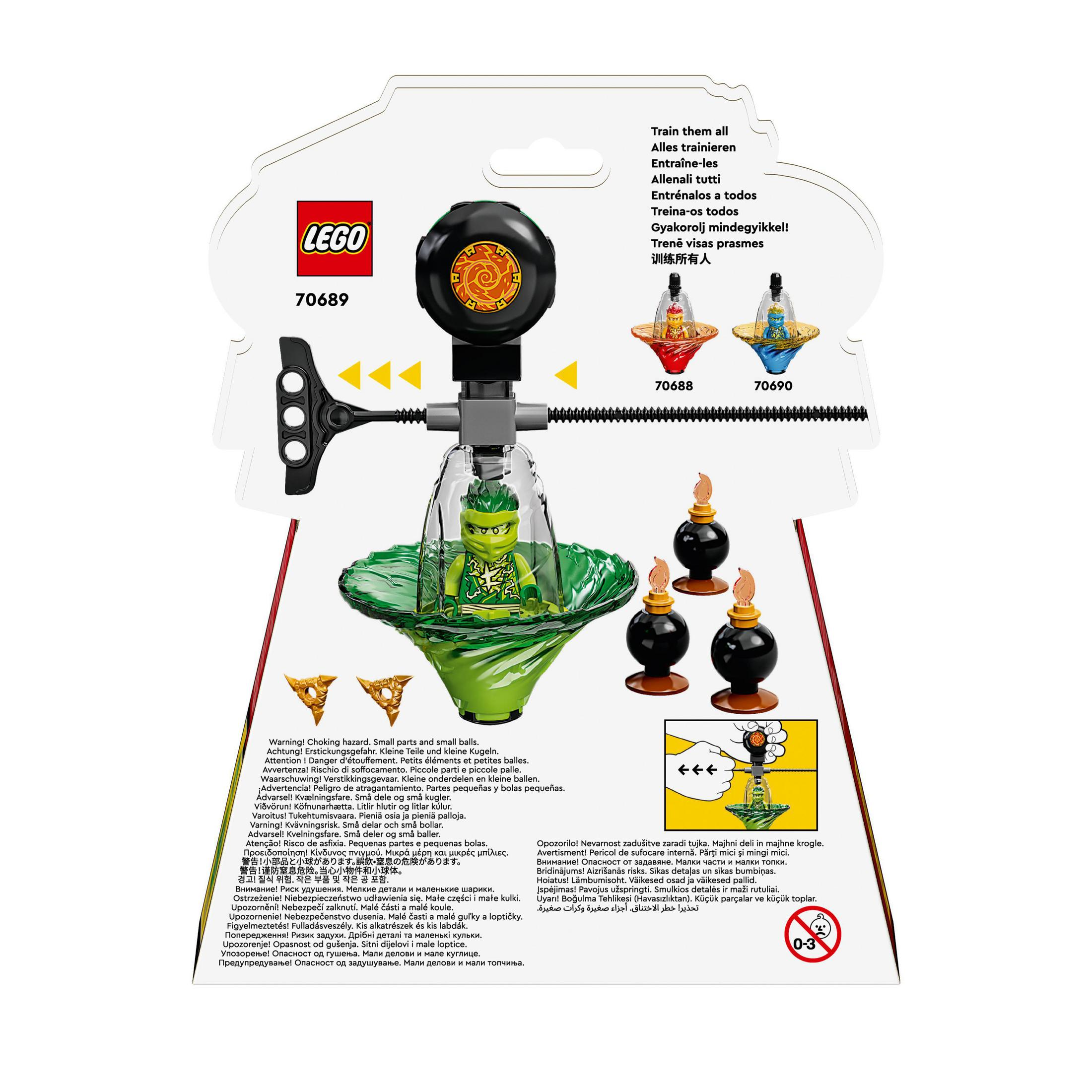 Set Lego avec un toupie, une figurine ninja et des instructions sur la boîte.