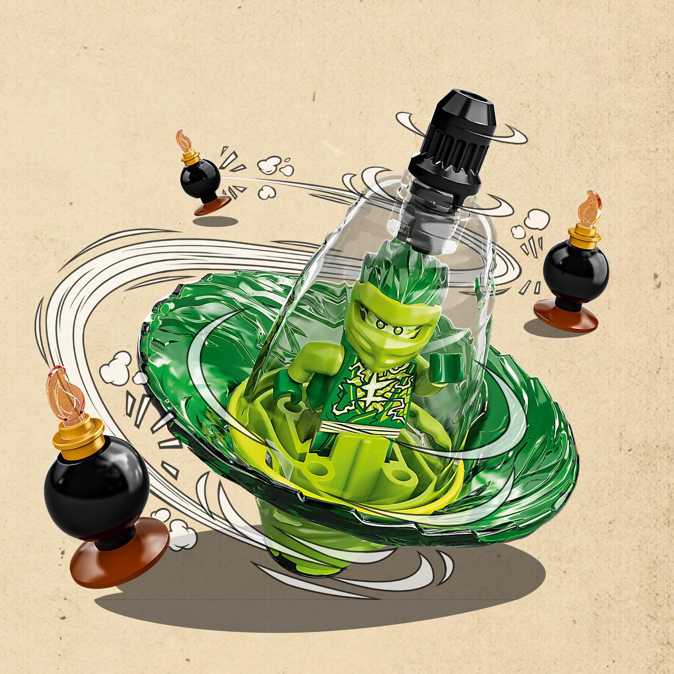 Une figurine Lego Ninjago est à l'intérieur d'une toupie verte et transparente avec des bombes.