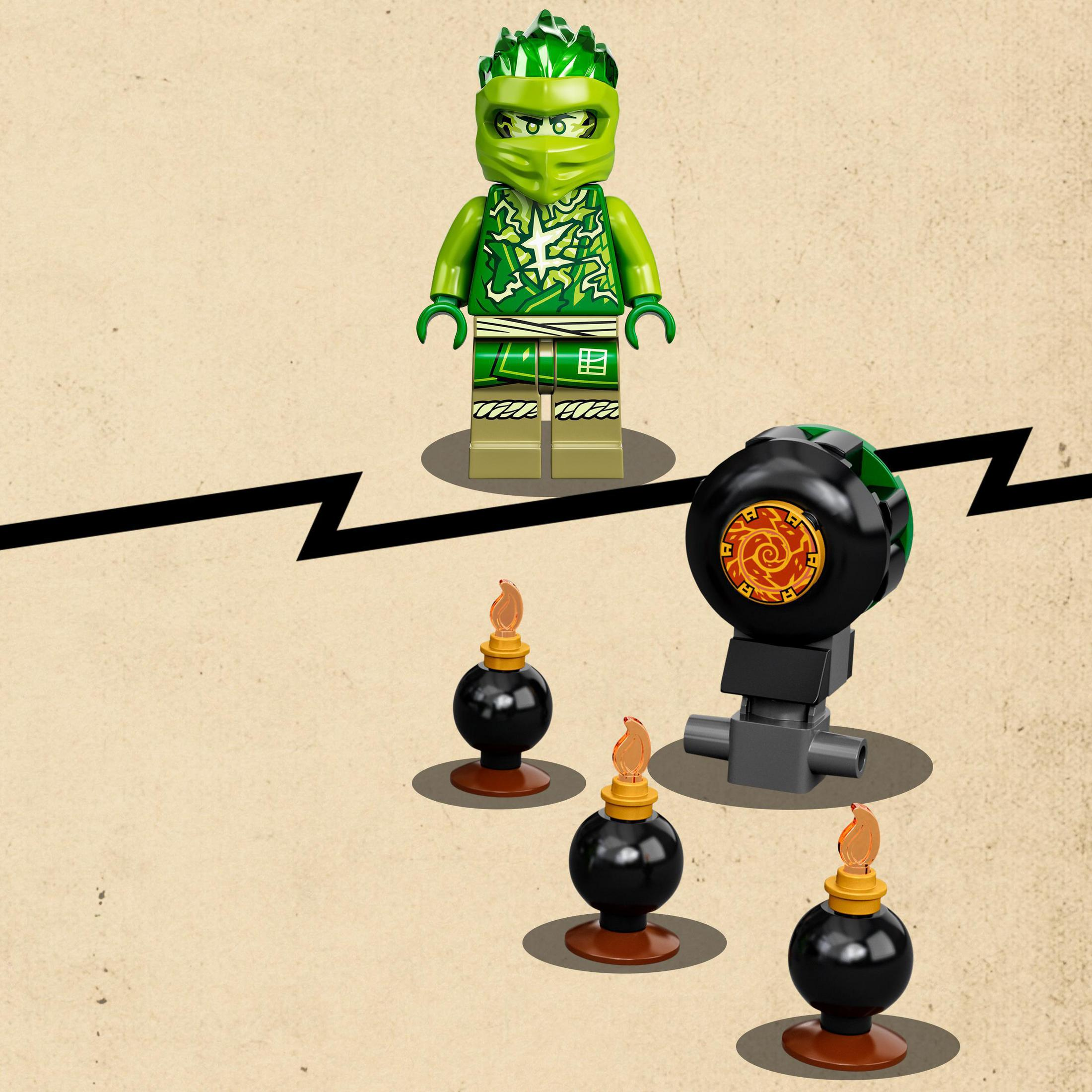 Minifigurine Lego Ninjago avec des bombes et une arme sur fond beige.