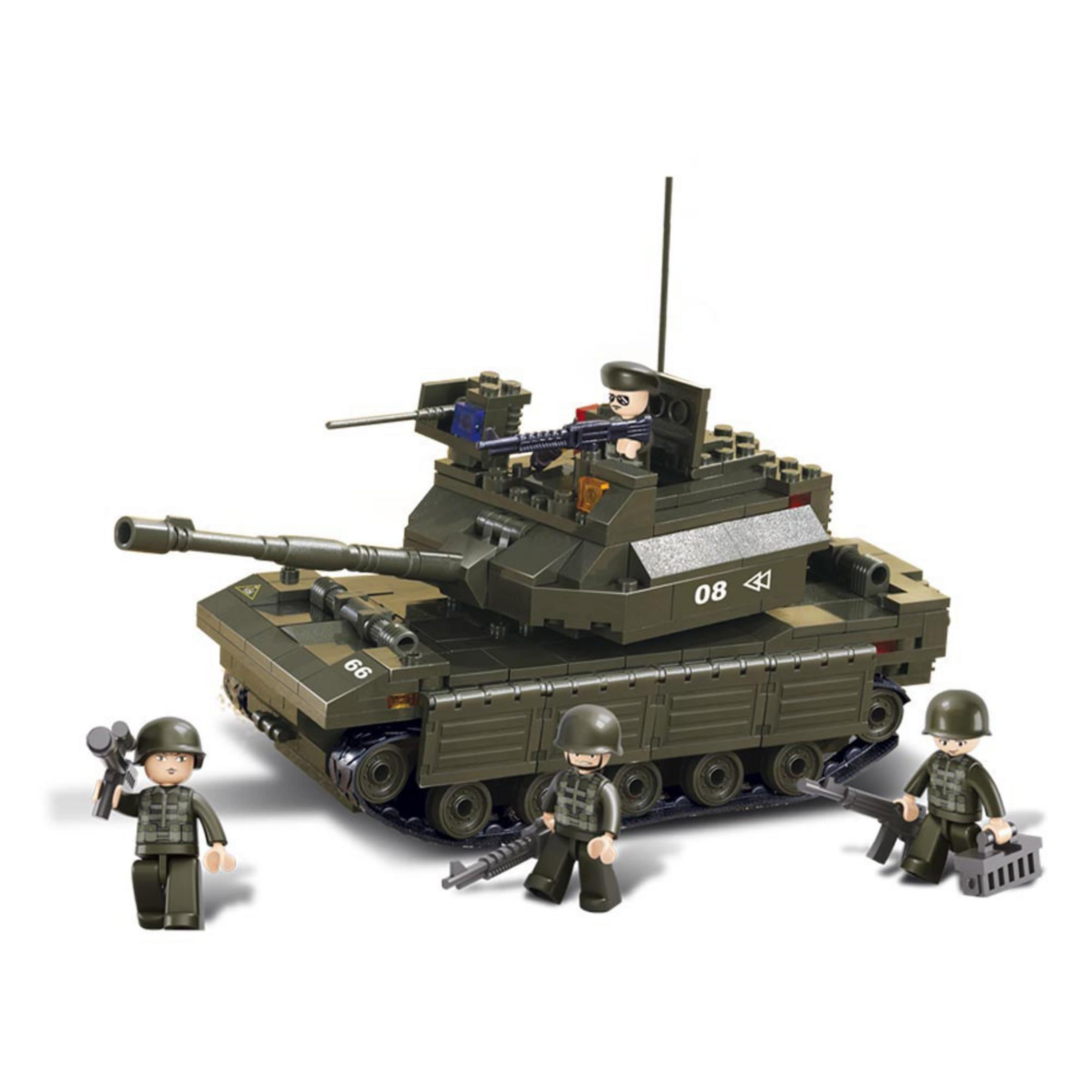 Ein Militärpanzerspielzeug mit Soldaten, die daneben stehen.