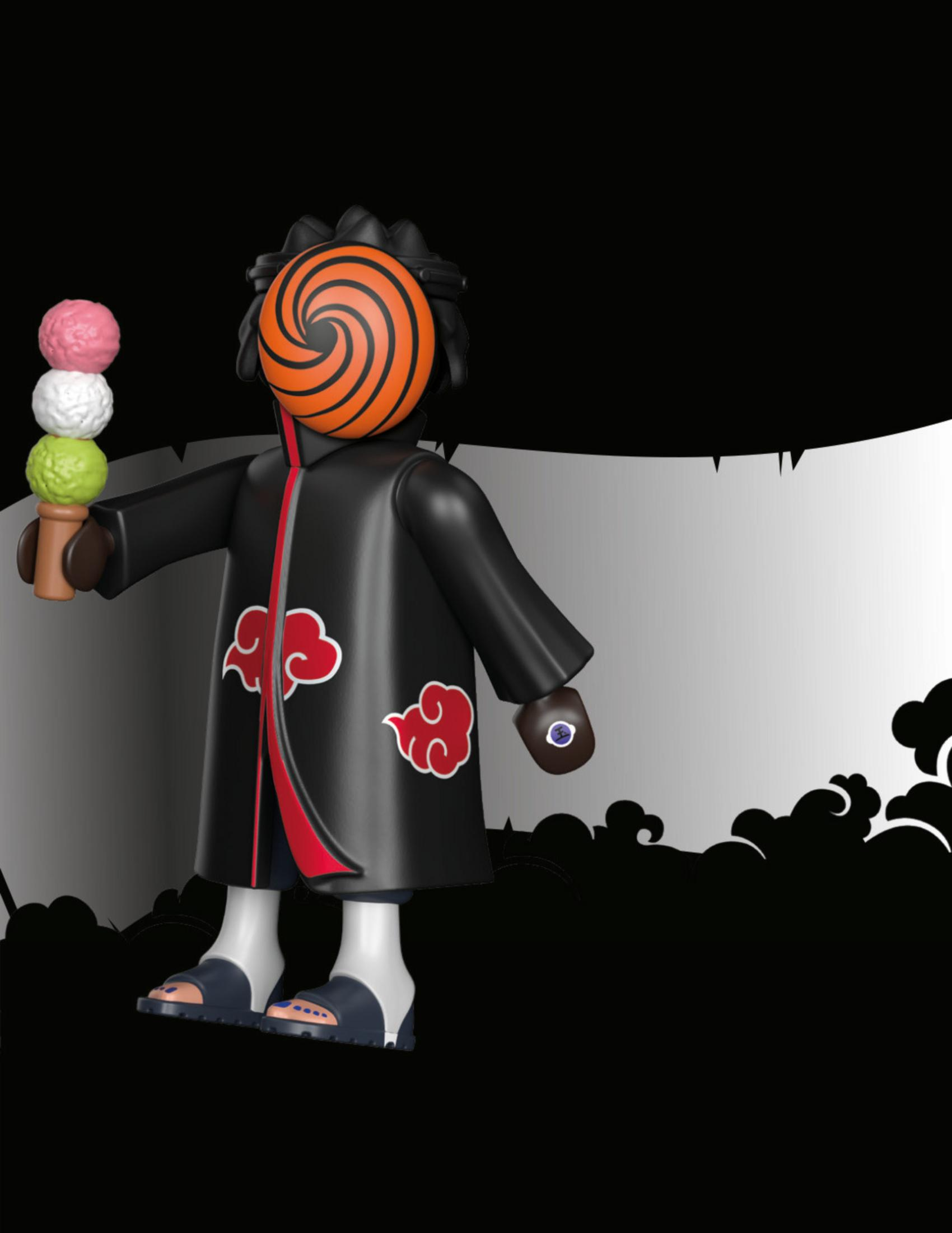 Eine Playmobil-Figur von Tobi aus Naruto, die Eis hält, schwarzer Hintergrund.