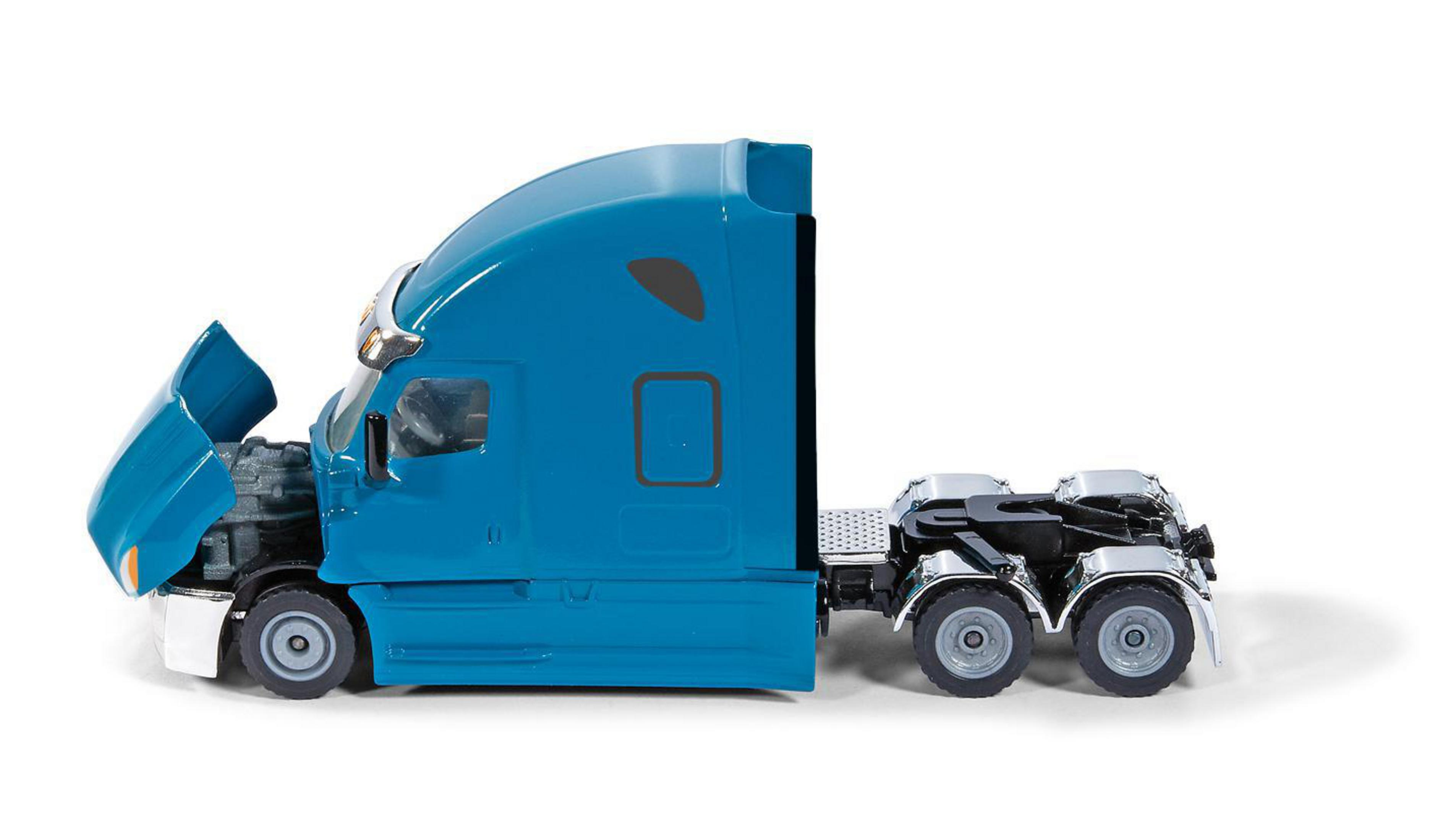 Ein blauer Sattelzug mit geöffneter Motorhaube, geparkt auf einer weißen Oberfläche. Die Details des Lkw sind sichtbar.