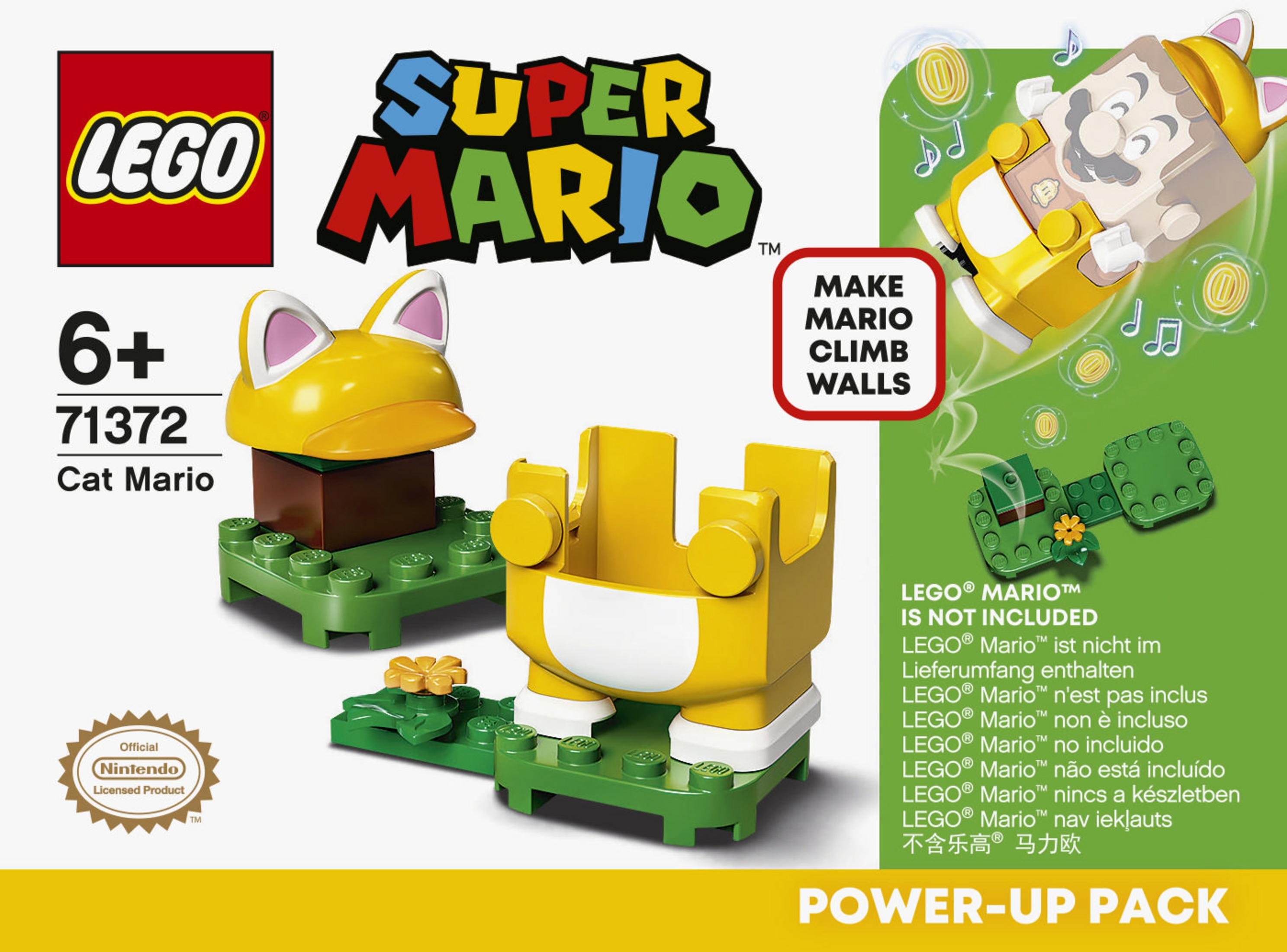 Lego Super Mario Set-Box mit Cat Mario. Enthält Bausteine, Katzenohren und Anweisungen. Altersangabe '6+'.
