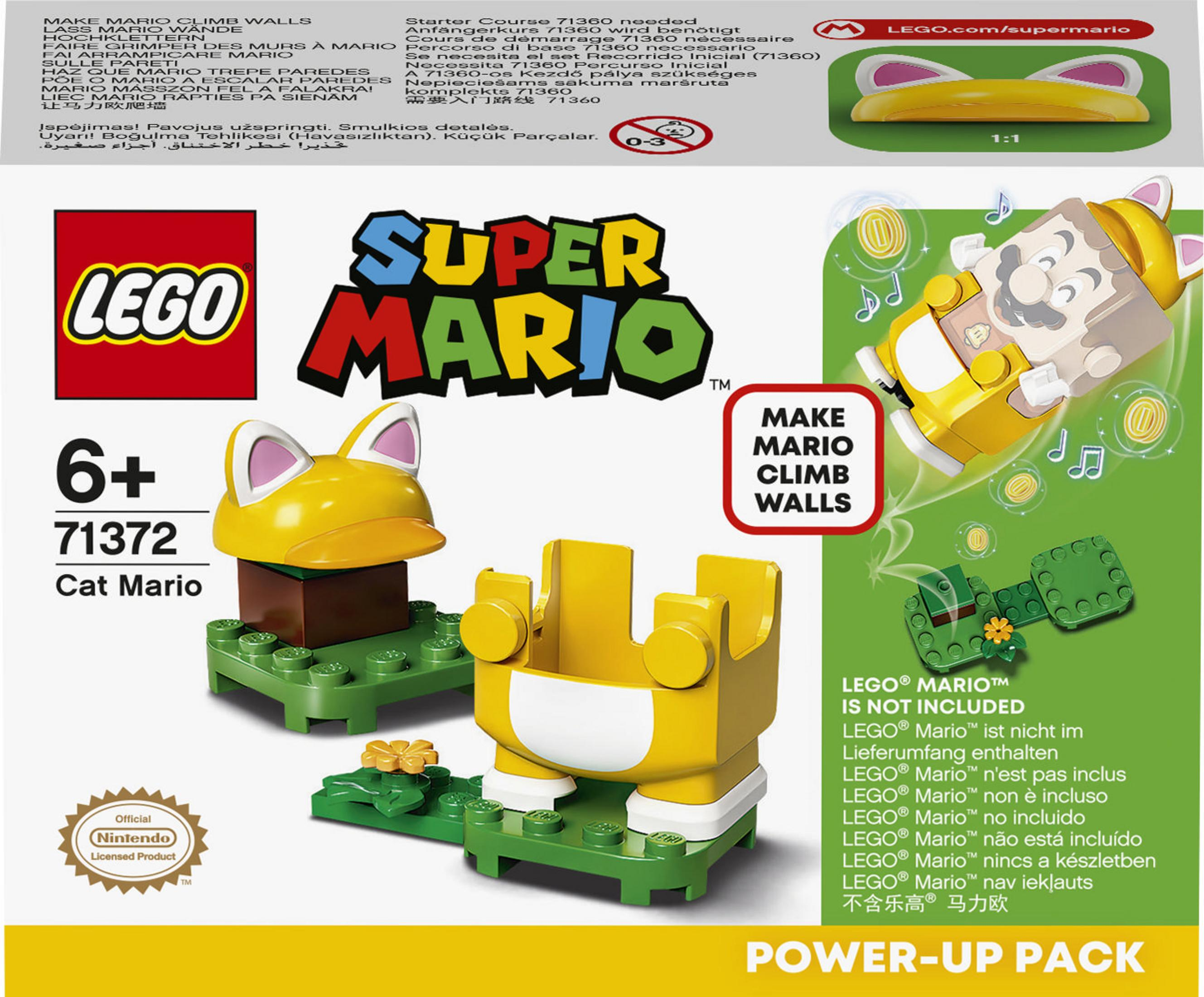 LEGO Super Mario Cat Mario Set. Gelbe Katzenkopf- und Blockteile mit Text und Logo.