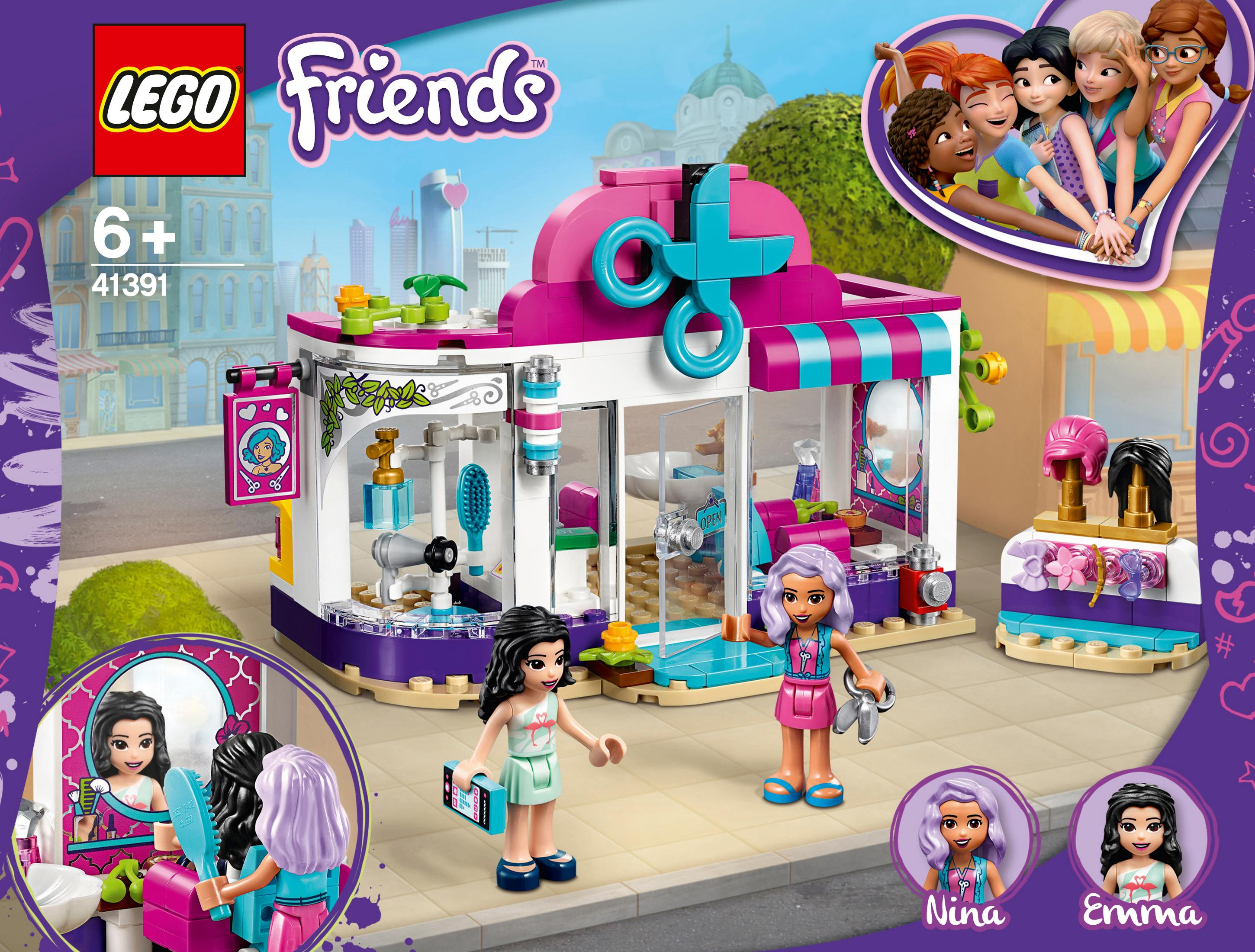 Lego Friends Set mit einem Friseursalon. Es zeigt ein Gebäude mit zwei Puppen und verschiedenen Salonartikeln.