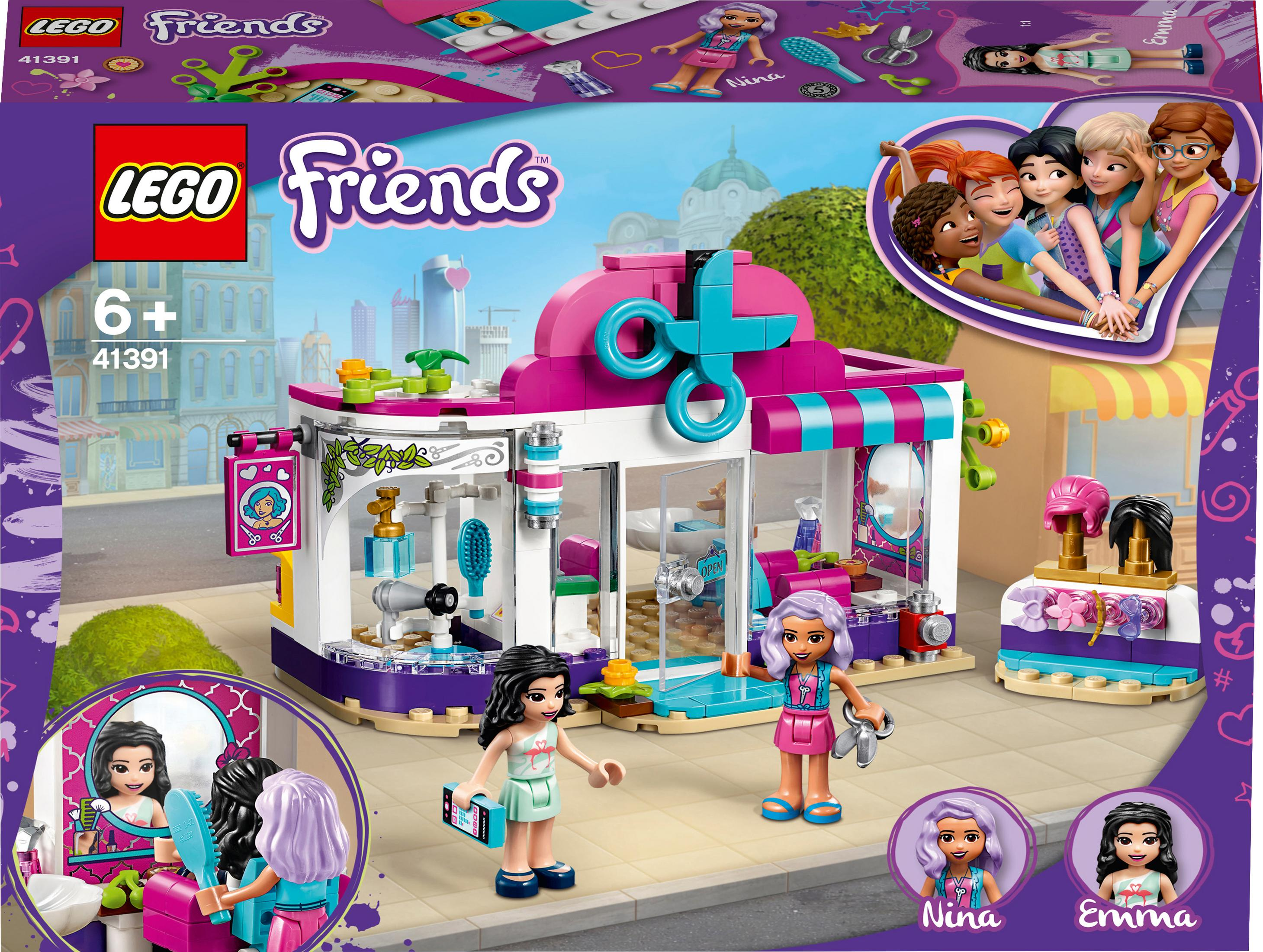 Ein LEGO Friends Friseursalon-Box-Set. Es zeigt einen Salon, Figuren und Zubehör.