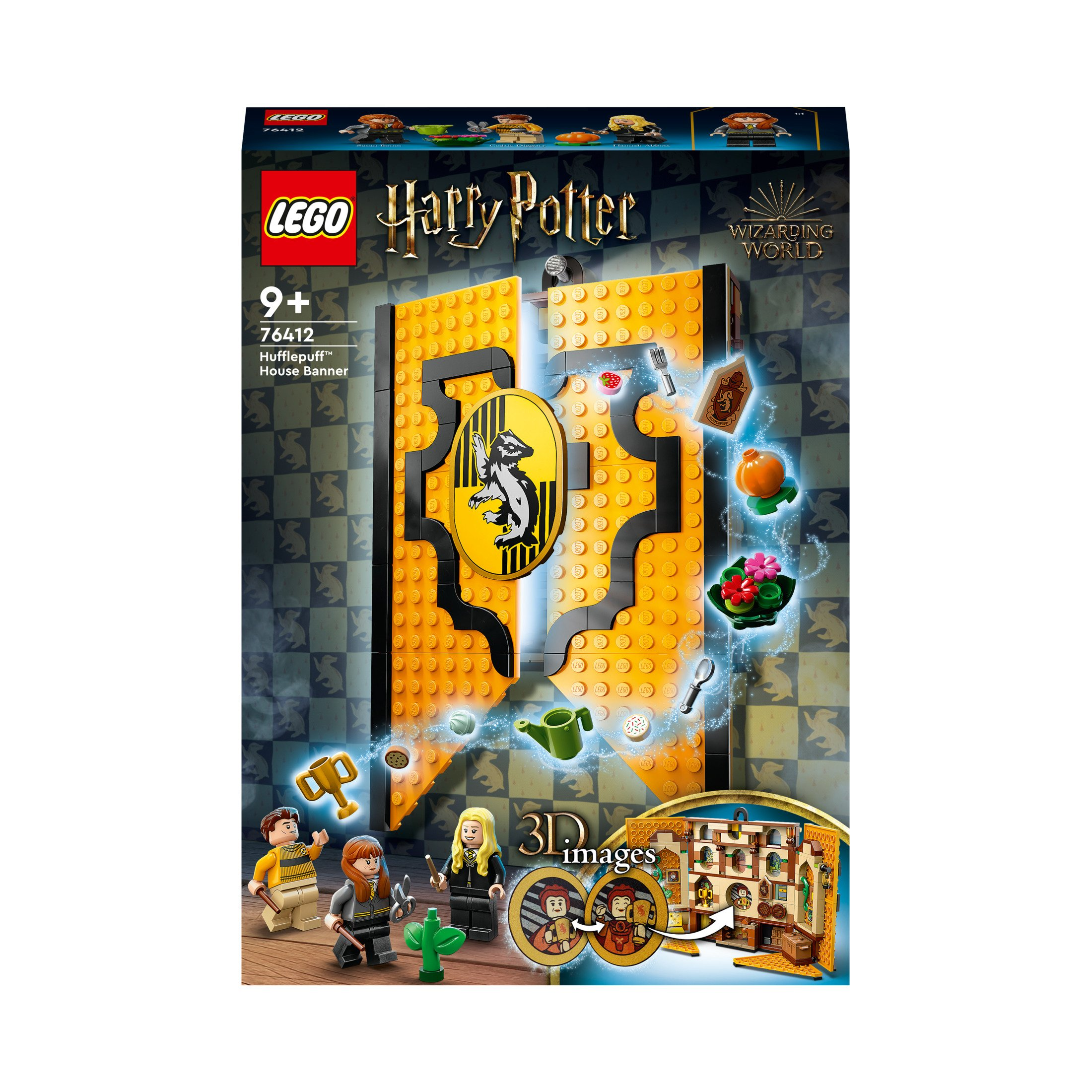 Lego Harry Potter Hufflepuff Bannerbox, gelb und schwarz. Figuren und Elemente sichtbar.