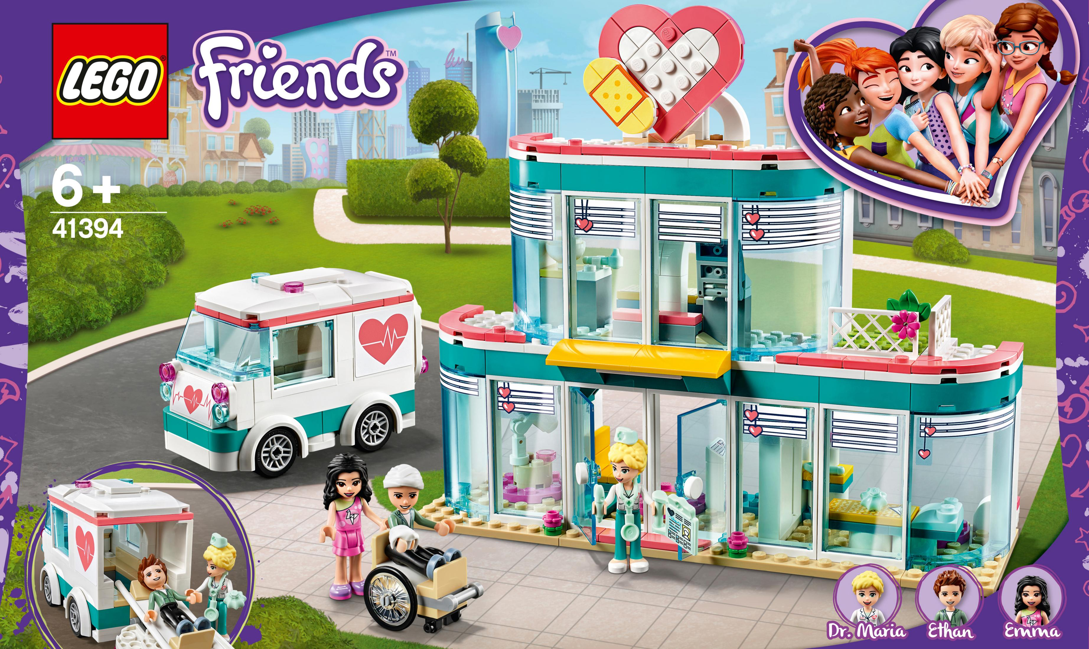 Lego Friends-Set-Box mit einem Krankenhausgebäude, einem Krankenwagen und Figuren.