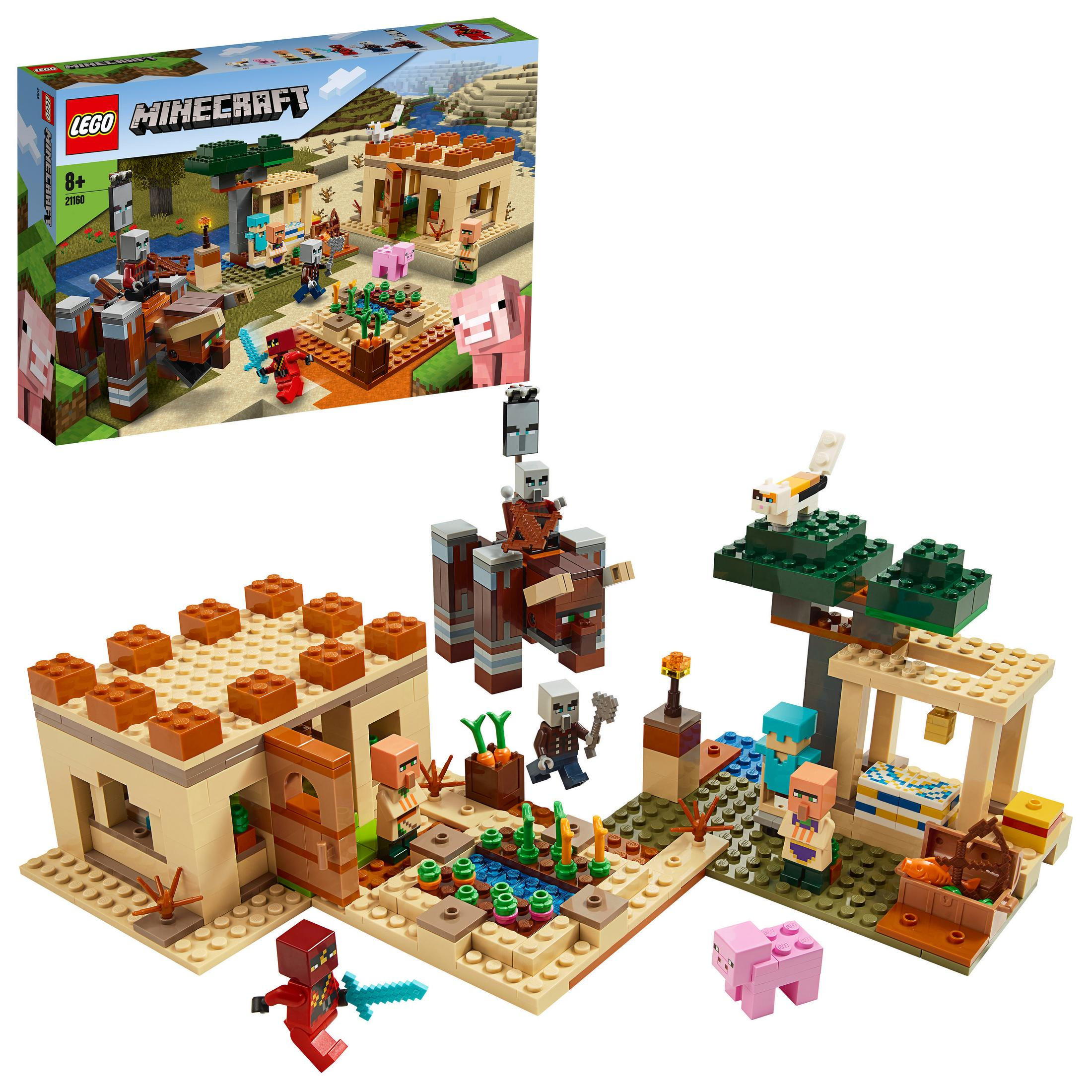Un set Lego Minecraft che mostra una scena del villaggio con figure, edifici e animali, più una scatola.