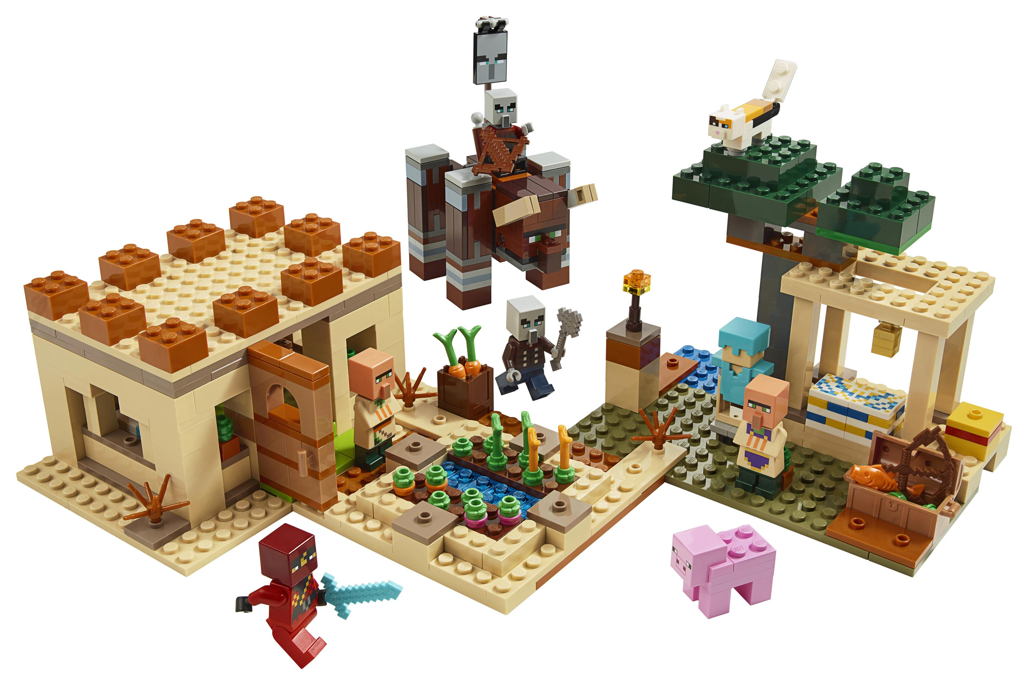 Set Lego Minecraft con vari personaggi e strutture. Un maiale e uno scheletro sono presenti.