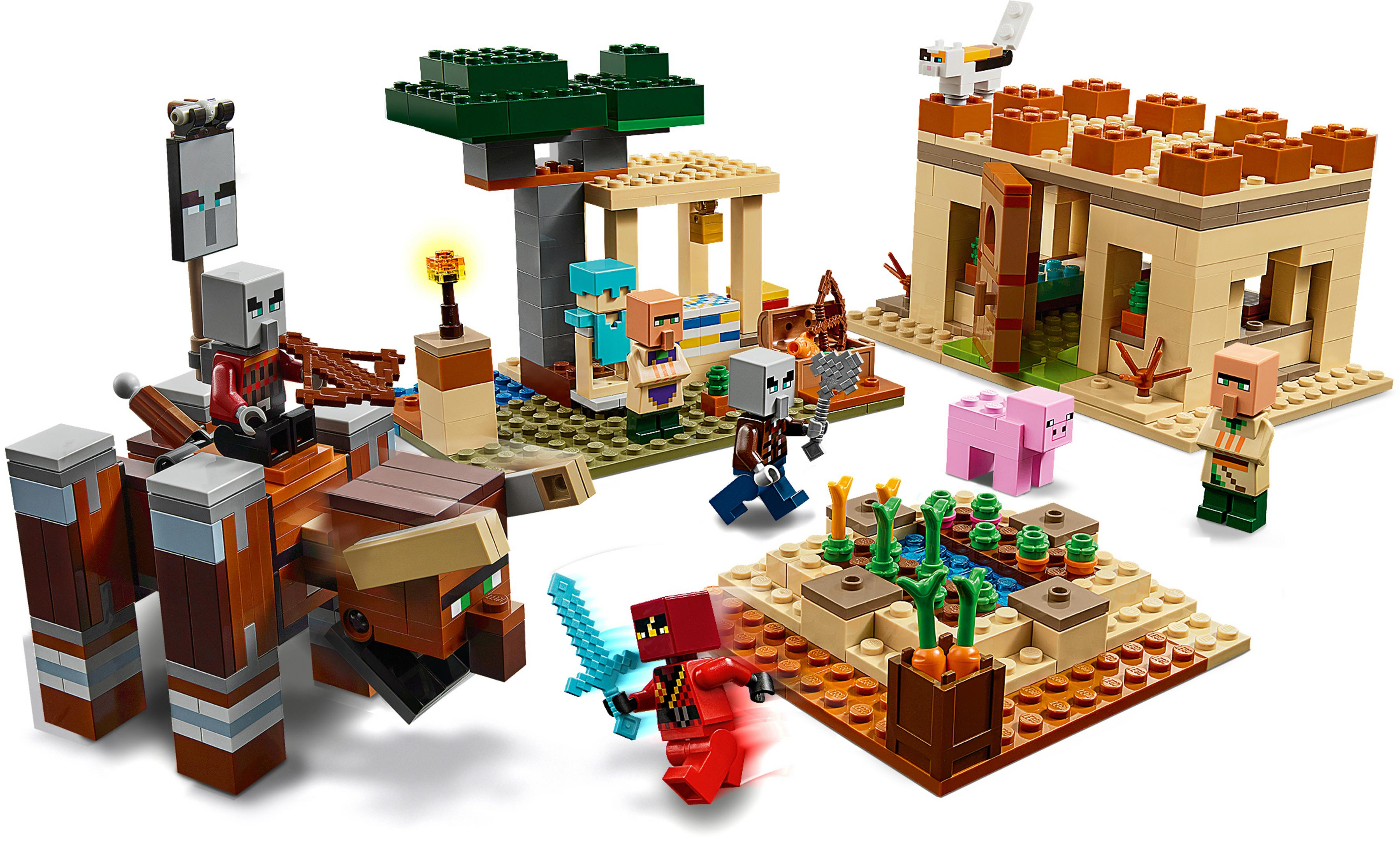 Set Lego Minecraft con personaggi, un maiale e un edificio in un paesaggio desertico.