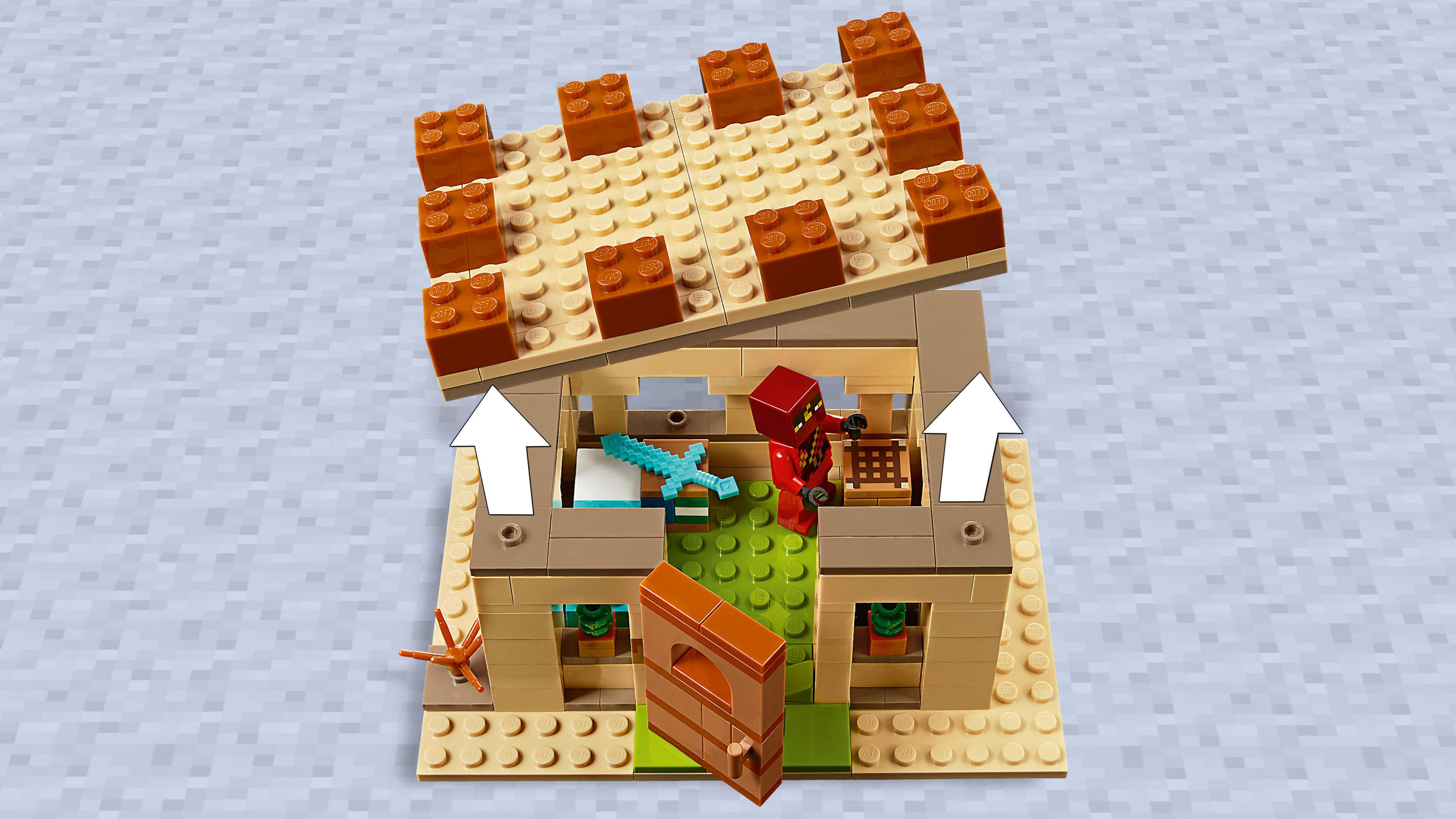 Assemblaggio casa Lego con due personaggi all'interno e frecce che puntano verso l'alto.