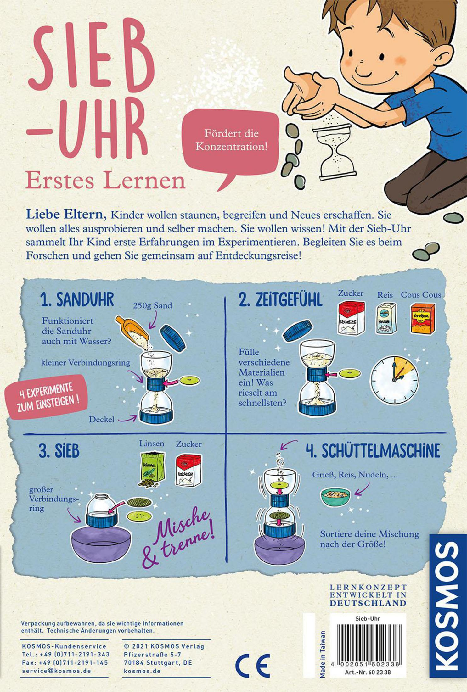 Rückseite einer Box mit Illustrationen und Text über Experimente für Kinder.