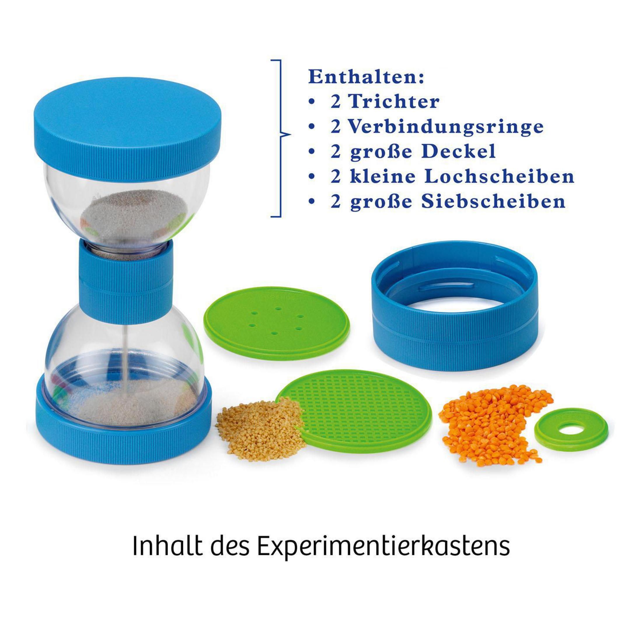 Blaue Sanduhr mit verschiedenen Komponenten: Deckel, Ringe und Siebe. Weißer Hintergrund.