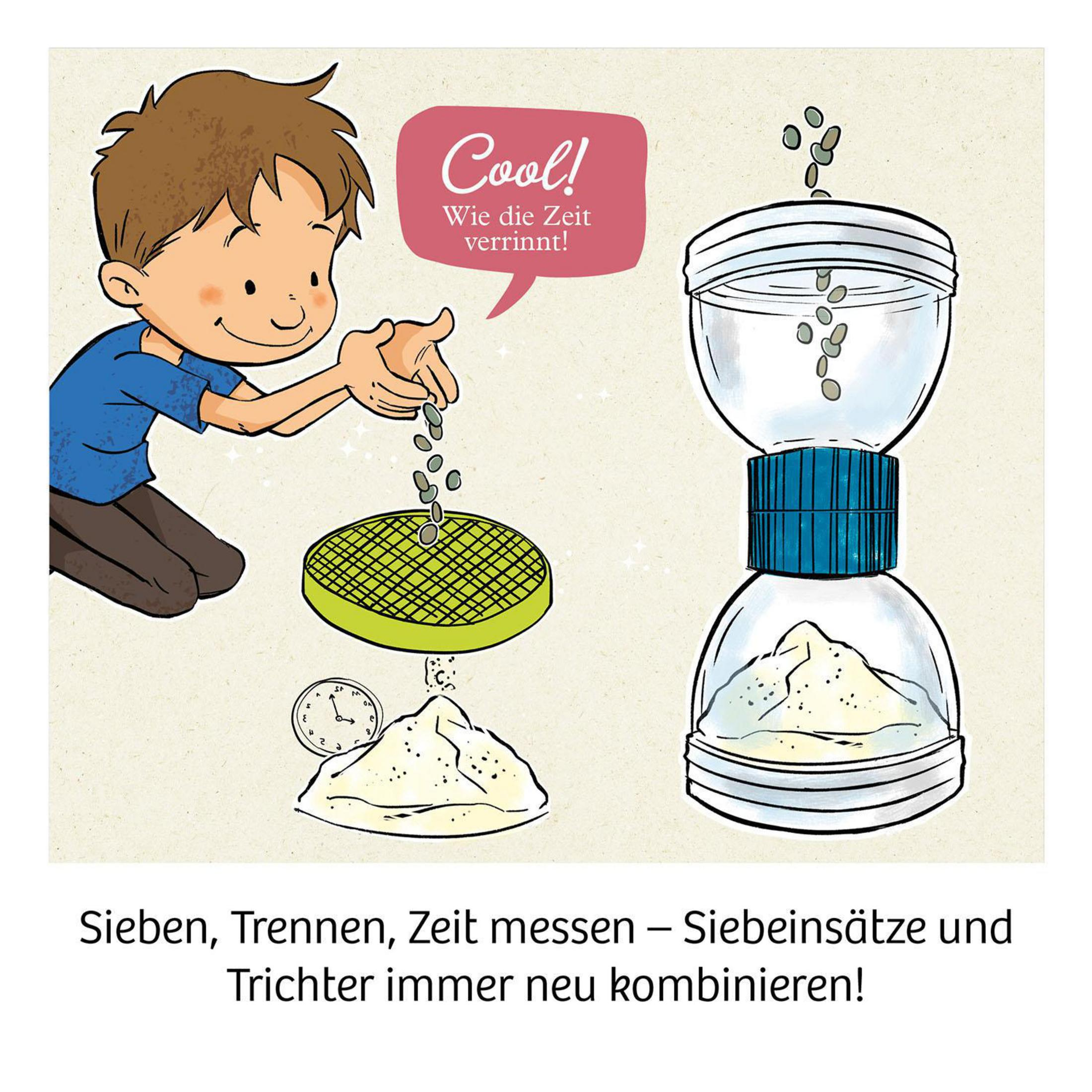 Eine Cartoon-Abbildung eines Jungen, der eine Sanduhr, ein Sieb und Messsand verwendet. Text ist deutsch.