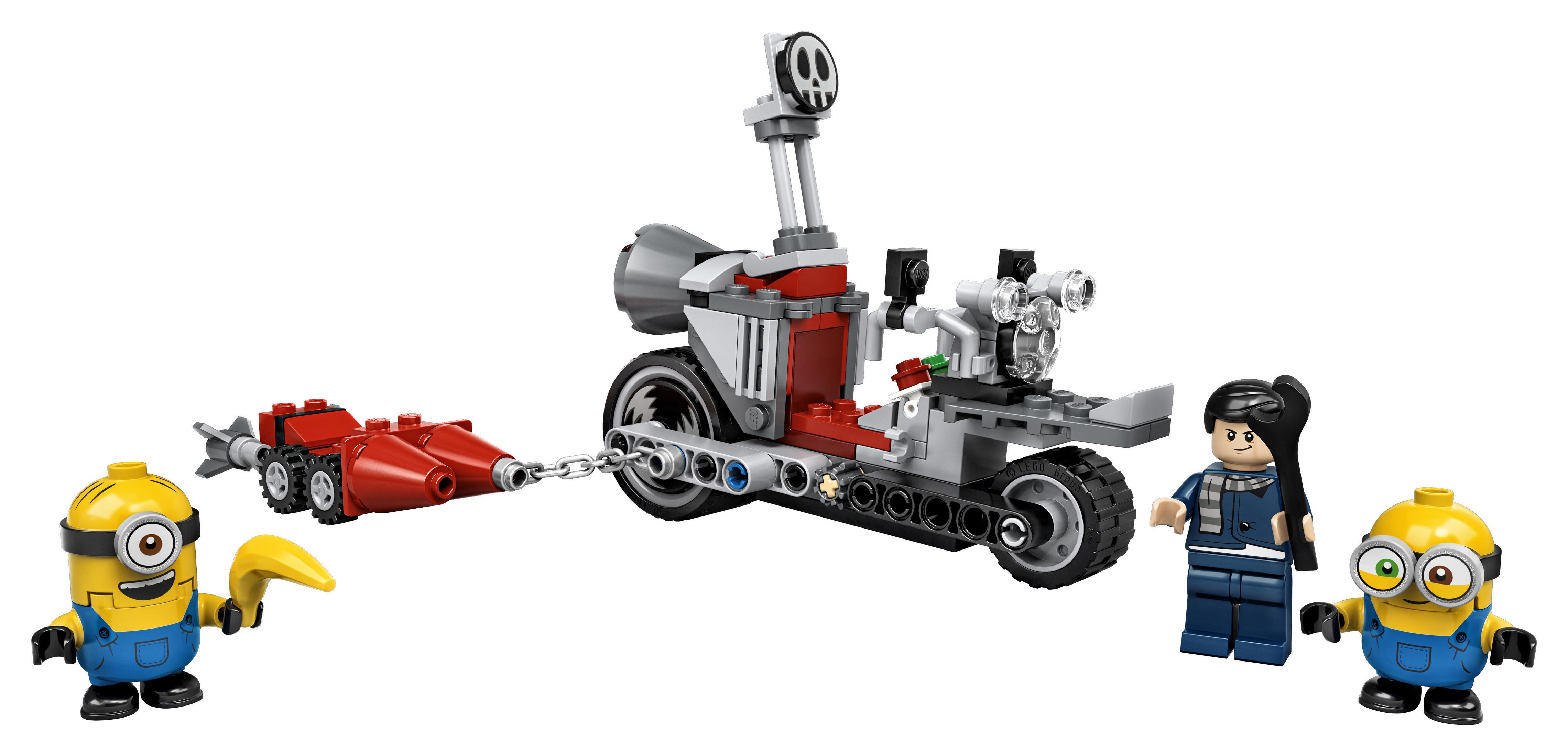 Set Lego Minions con veicolo e personaggi. Sfondo bianco.