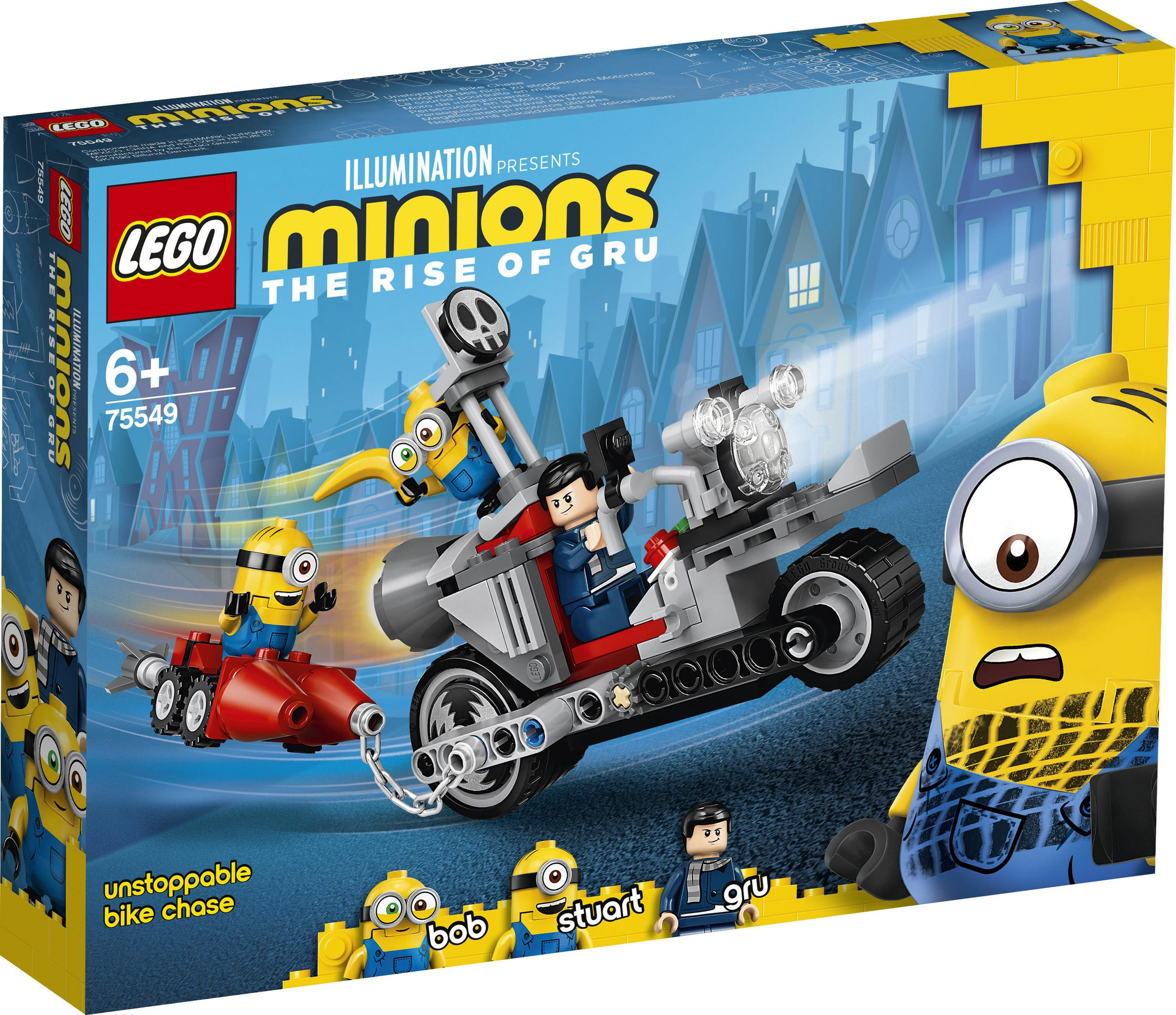 Scatola del set Lego Minions con personaggi su un veicolo e Minions.