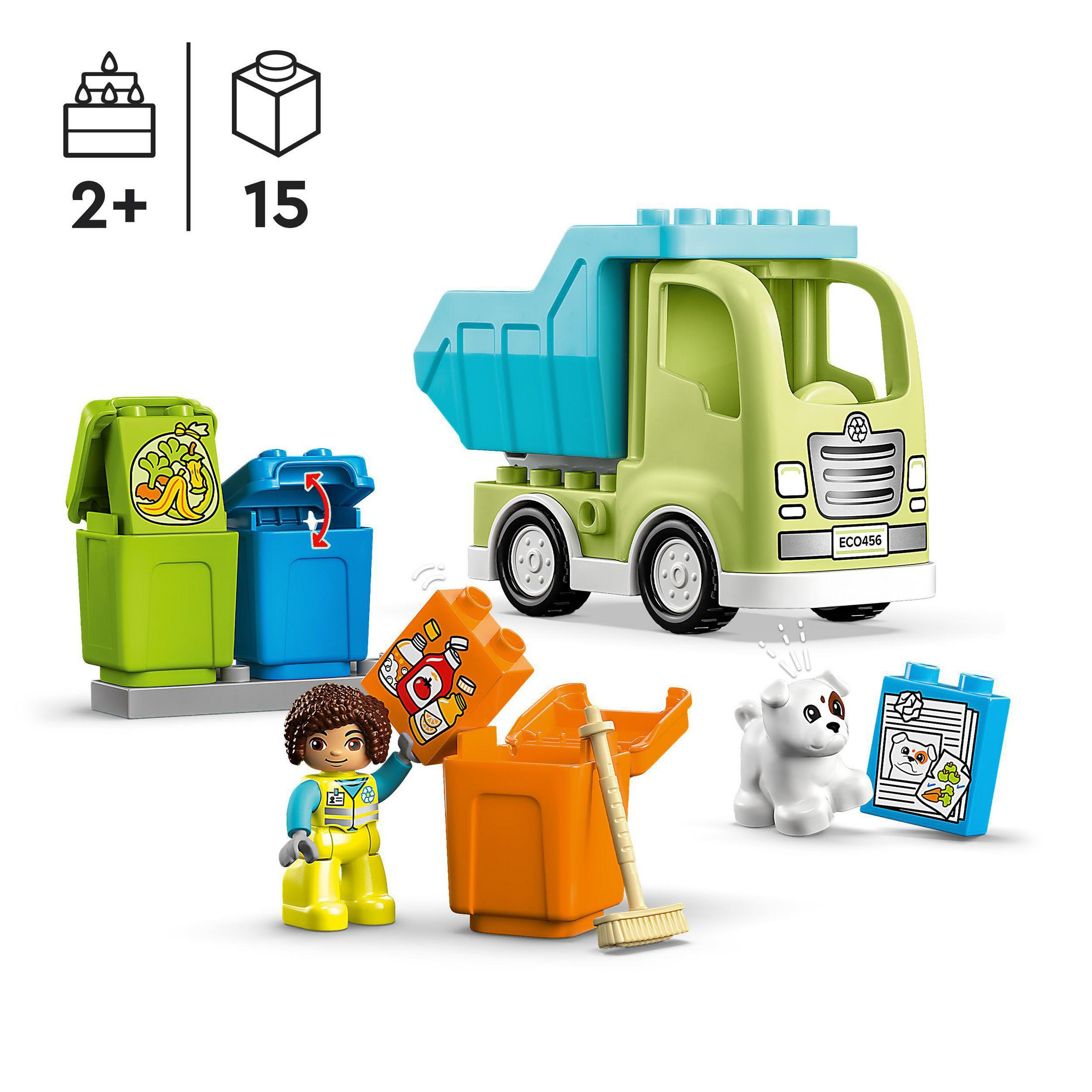 Ein Duplo-Set mit einem grün-blauen LKW, einer Person, einem Hund und Mülltonnen mit Blöcken.