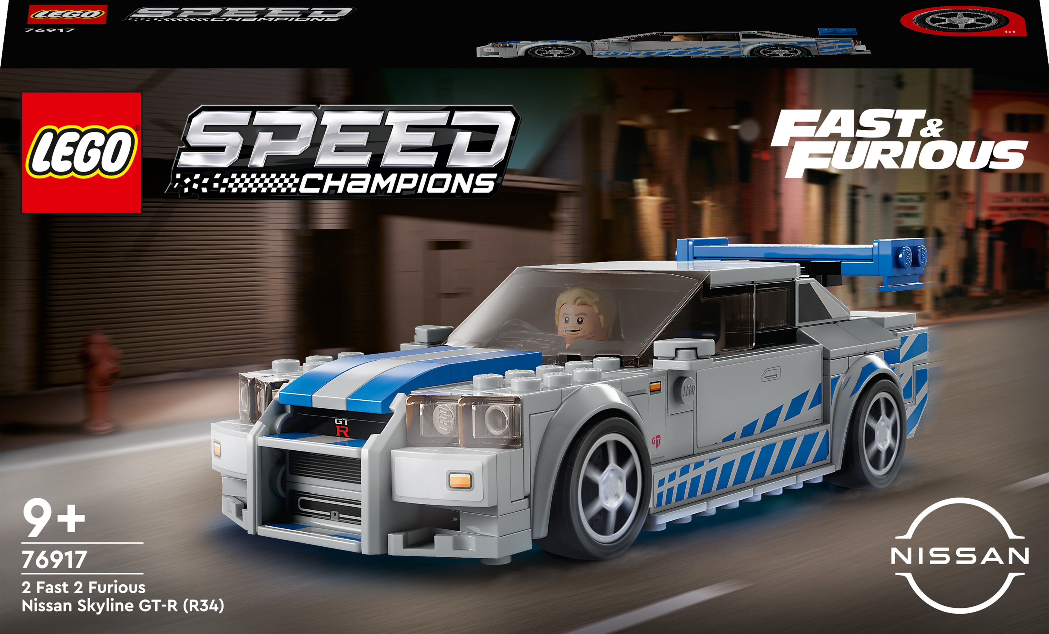 Zestaw Lego samochodu Nissan Skyline GT-R (R34). Pudełko pokazuje samochód i nazwę modelu.