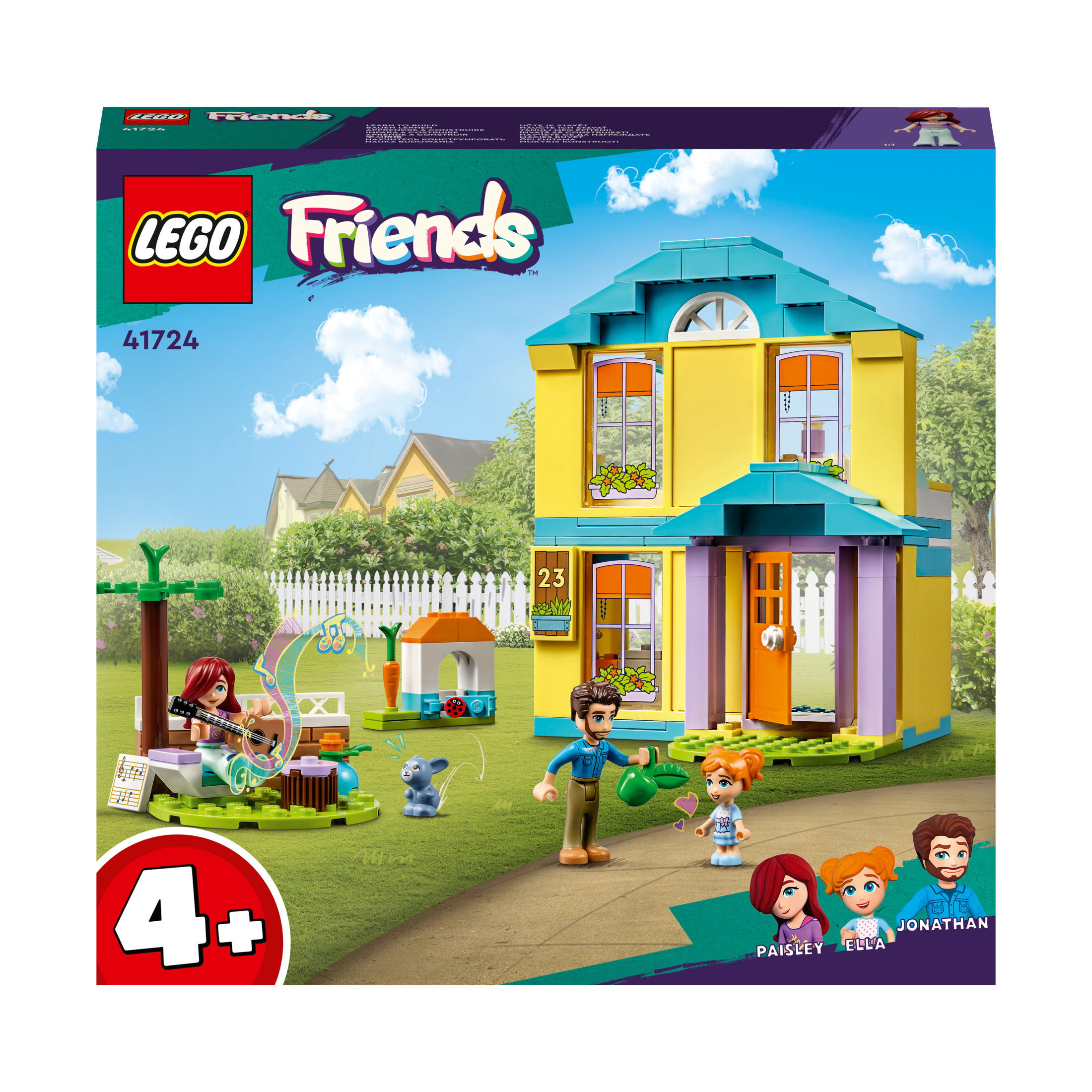Lego Friends Set mit einem gelben Haus, Figuren spielen und einem Karottenfeld. Es hat einen grünen Rasen.