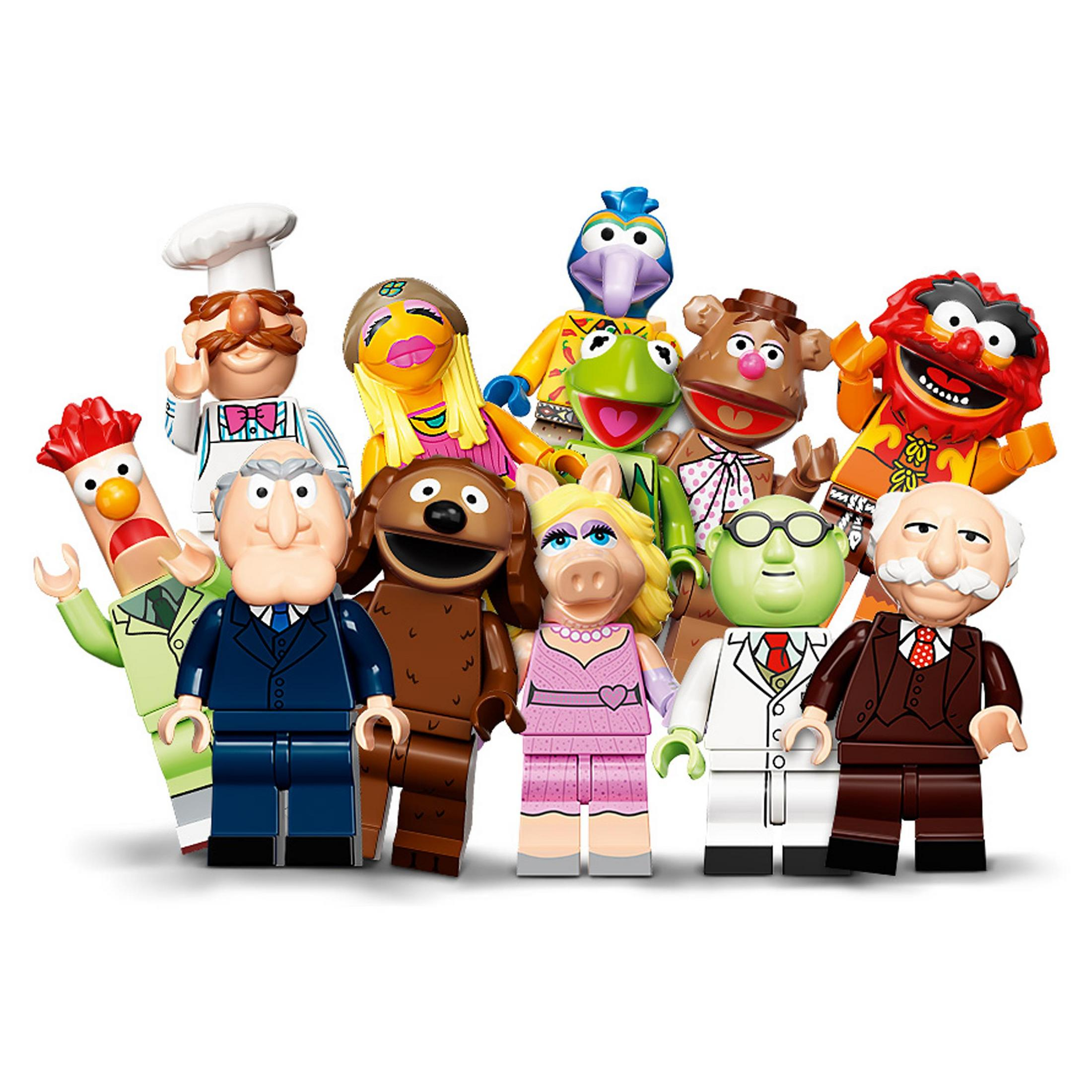 Kermit, Miss Piggy, Fozzie Bear ve diğerleri dahil olmak üzere Lego Muppets minifigürleri. Beyaz zemin.