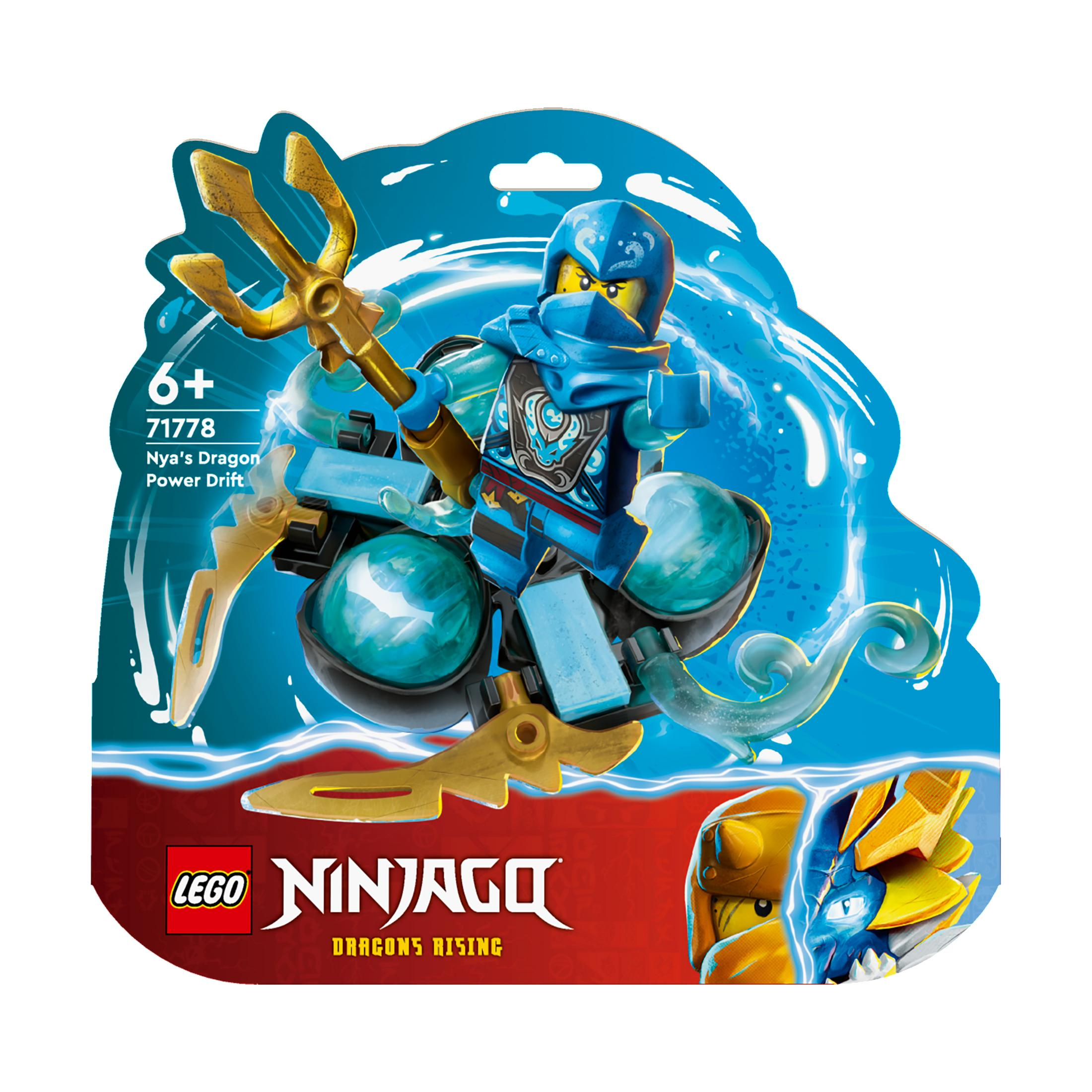Lego Ninjago Set-Box mit einem blauen Ninja auf einem Wasserfahrzeug, mit einem Drachen.