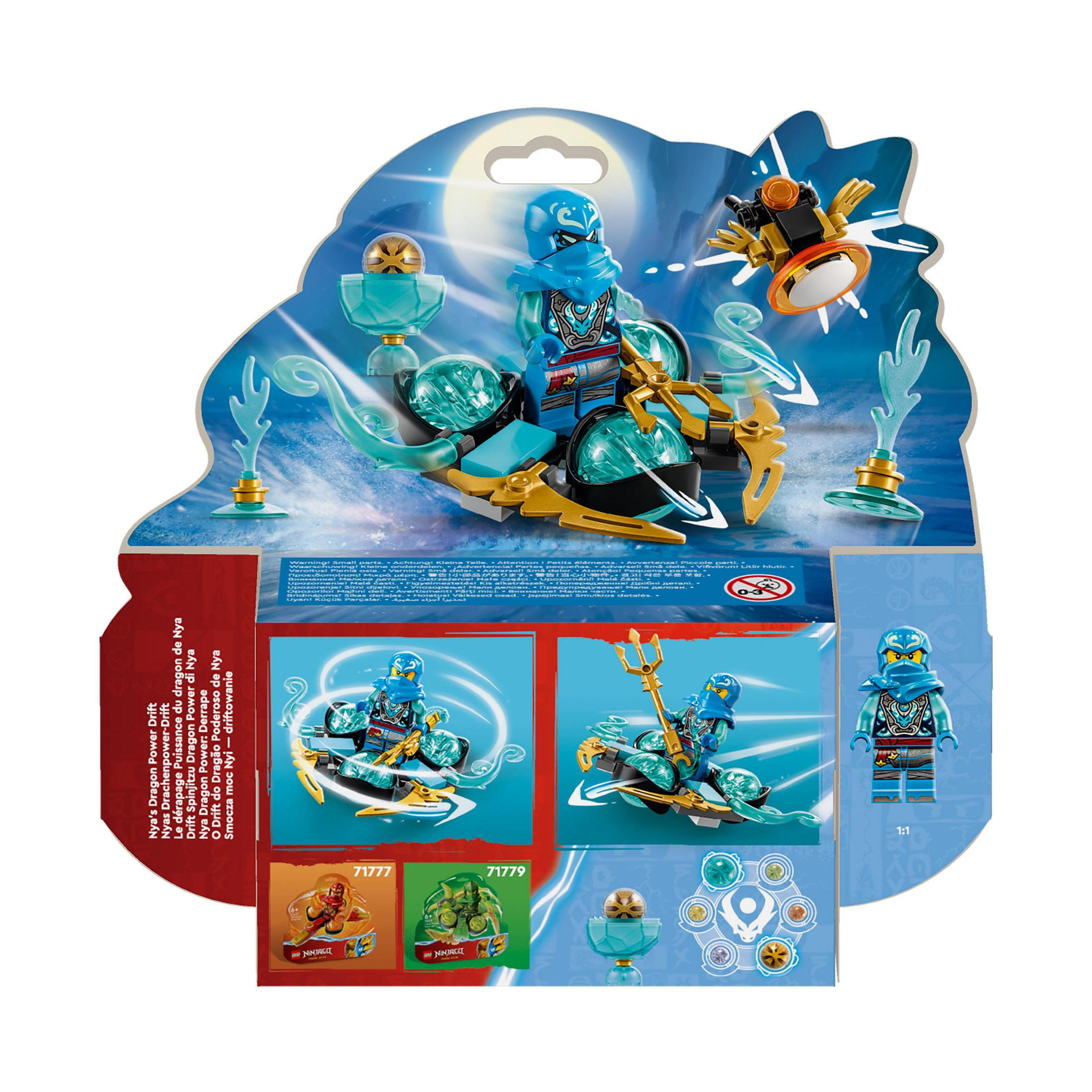 Lego Ninjago Set: blau-goldenes Fahrzeug mit Nya, Box-Art mit Charakteren.