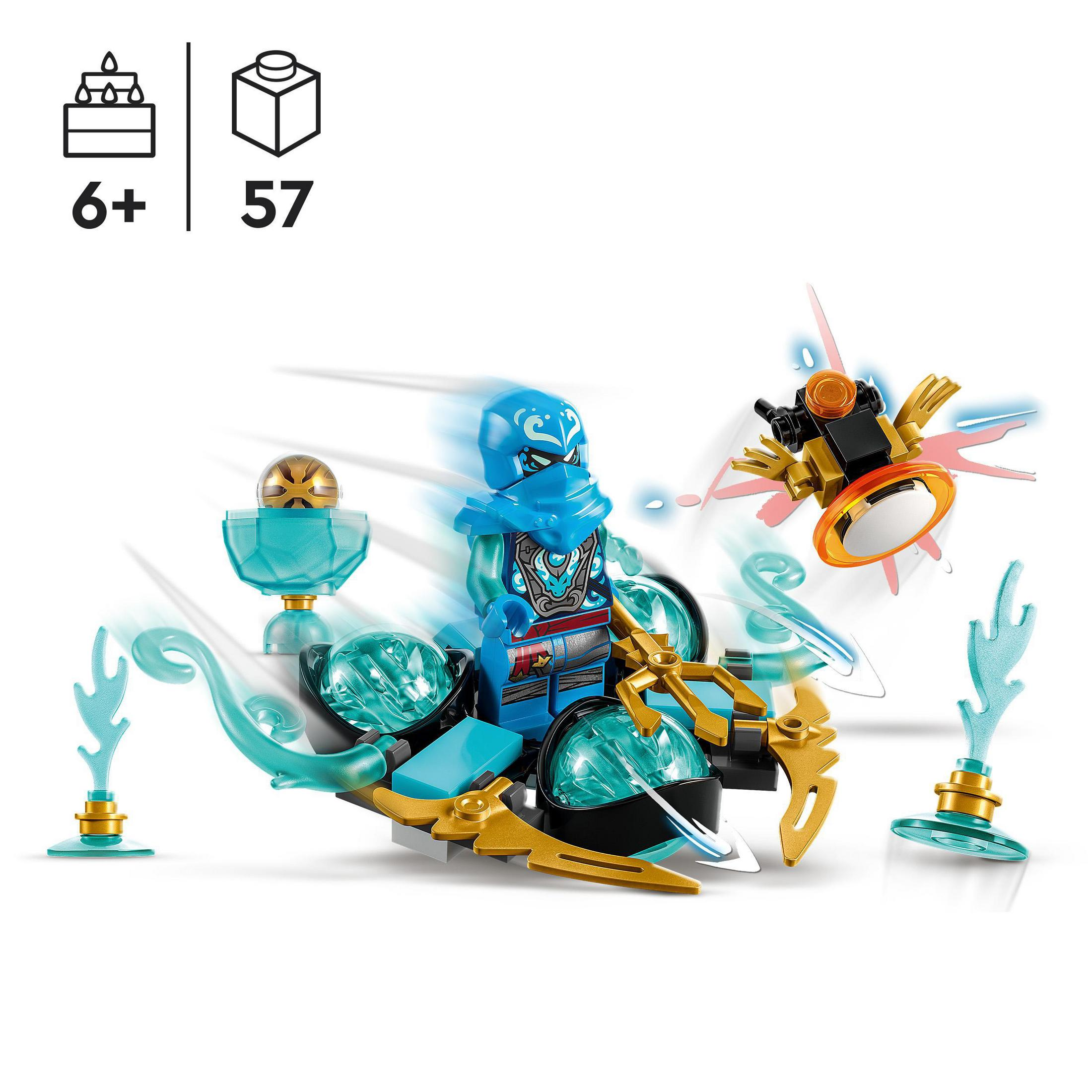 Lego Ninjago Set mit Ninja-Figur auf einem Fahrzeug, mit zusätzlichen Energieelementen und einem Flyer.