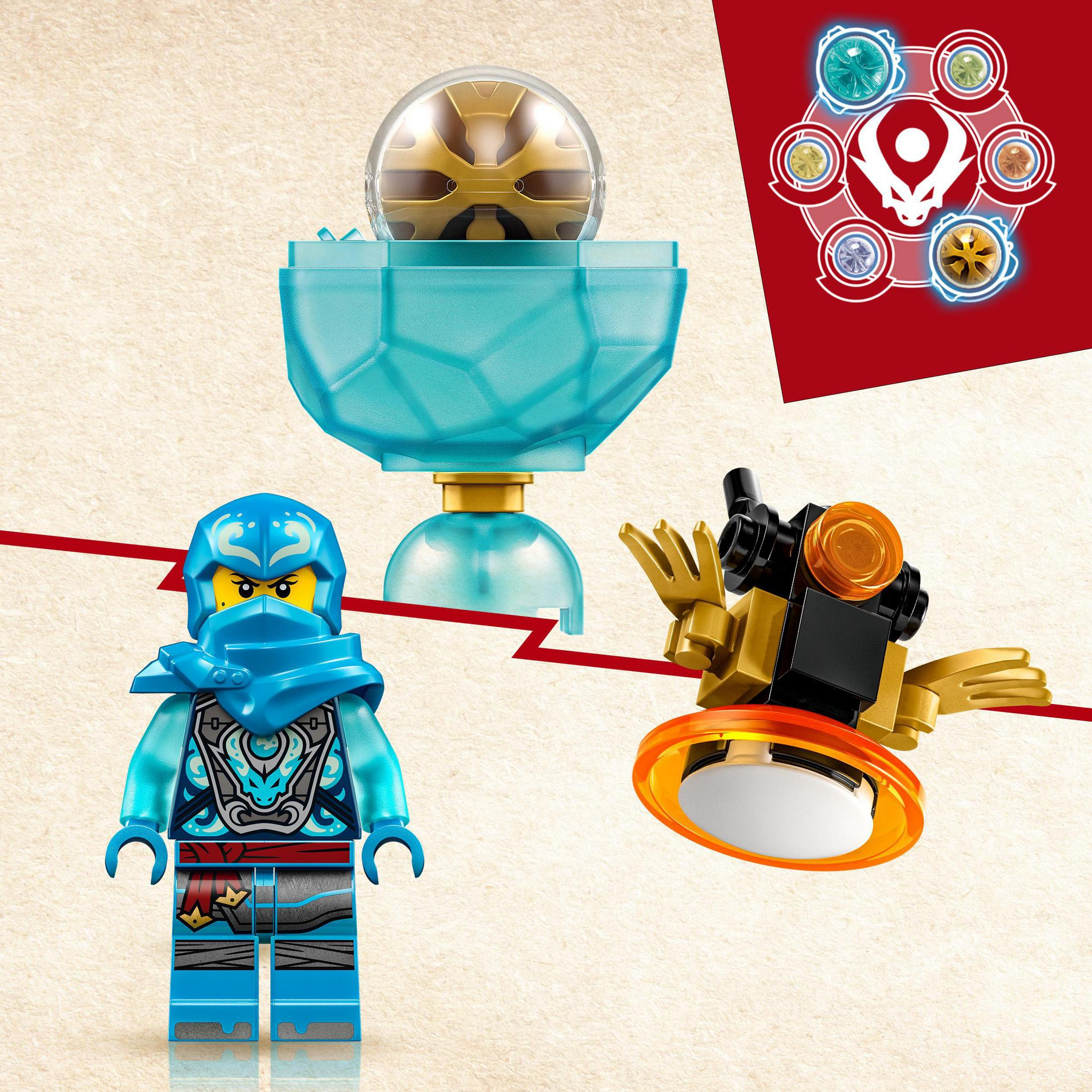 Ninjago Lego-Set mit Ninja-Figur, schwebender Kugel und anderen Elementen auf rotem Hintergrund.