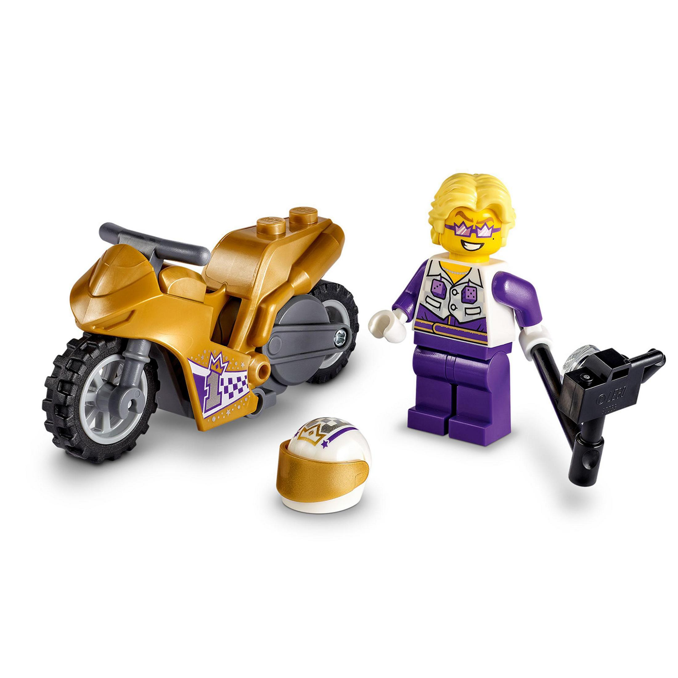 Lego figür ve motosiklet seti: sarışın kadın, mor kıyafet, motosiklet, kask.