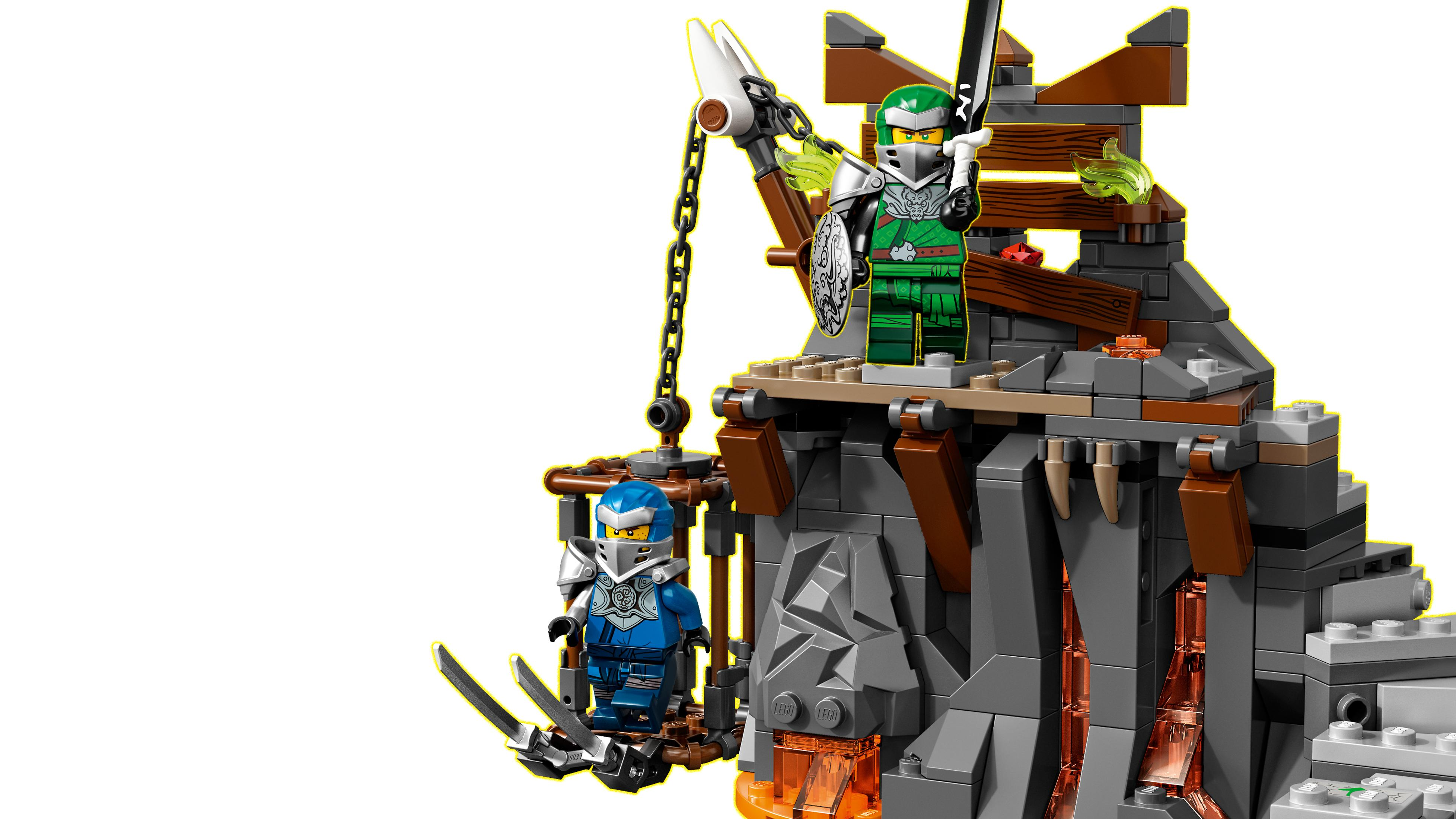 Lego Ninjago Set mit zwei Minifiguren, einer Struktur und einem weißen Hintergrund.