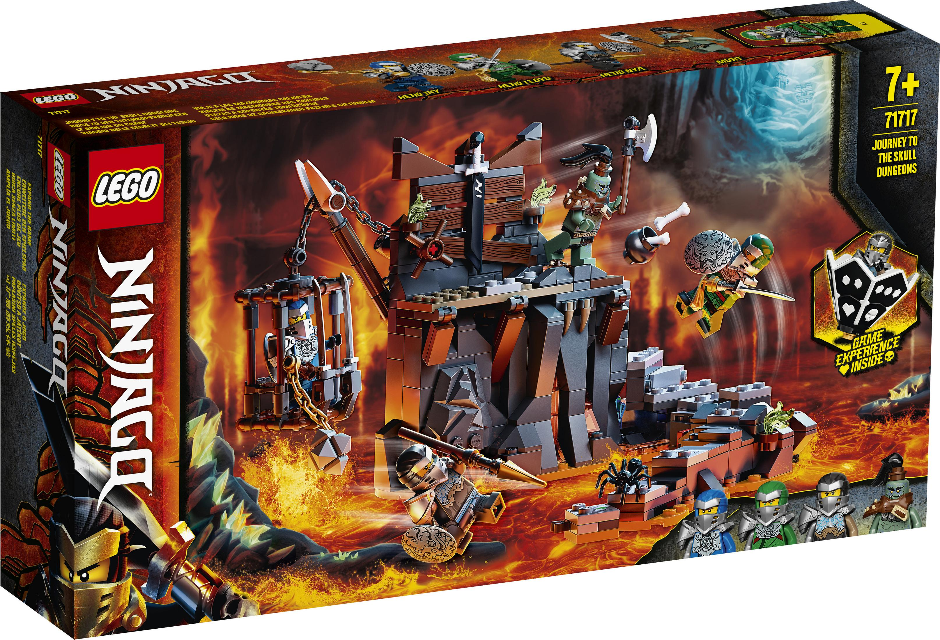 Lego Ninjago Set-Box. Die Szene zeigt einen Dungeon mit Lava, Skeletten und Ninja, die Gegner bekämpfen.