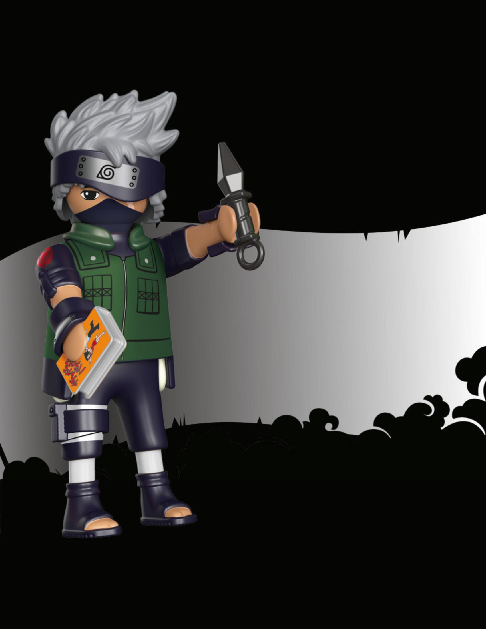 Figurka Playmobile Kakashiego z Naruto, trzymająca kunai i książkę, na czarnym tle.
